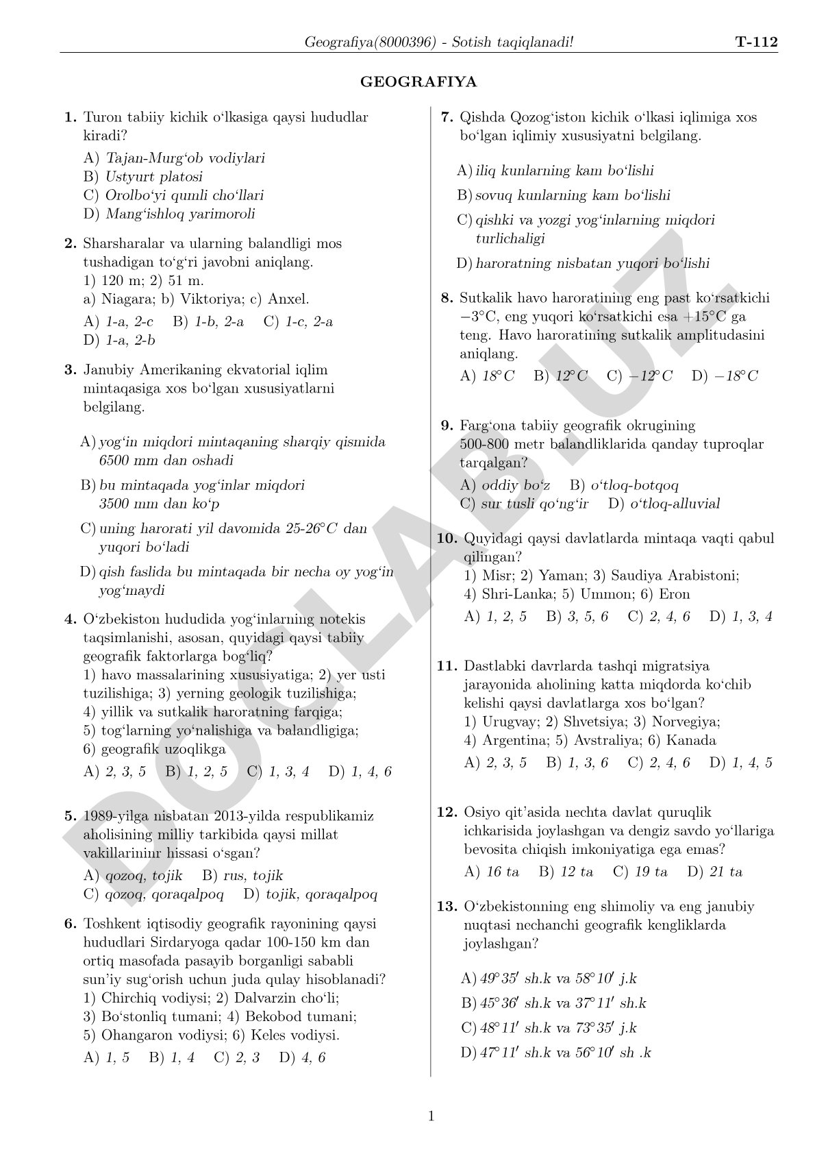 Geografiya fanidan test savollari