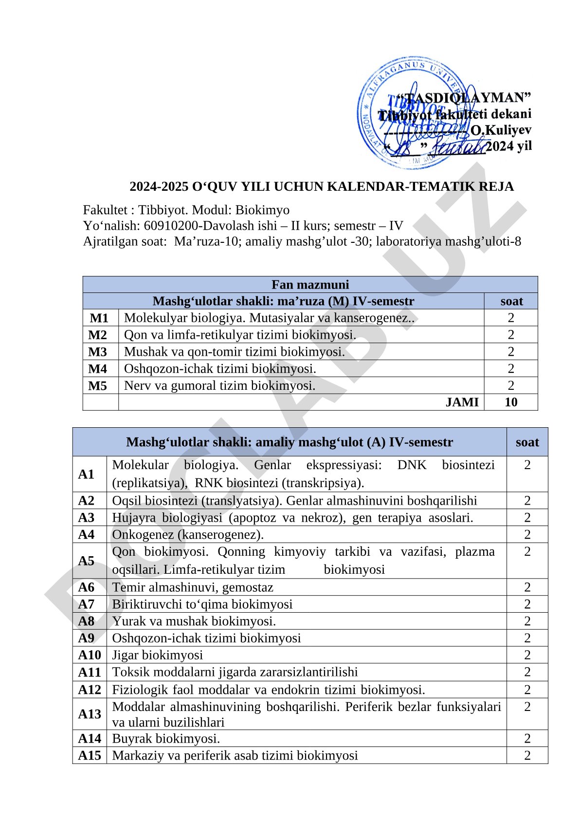 2024-2025 o'quv yili uchun kalendar-tematik reja: Biokimyo