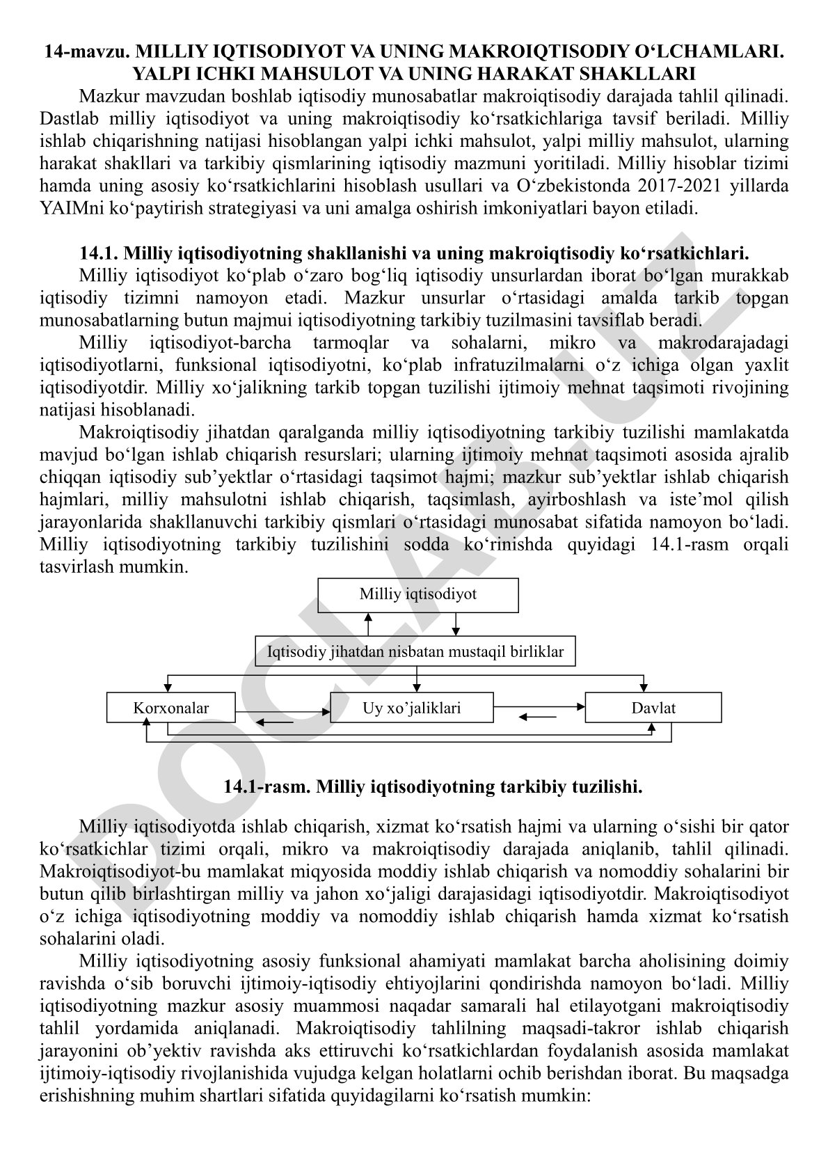Milliy iqtisodiyot va uning makroiqtisodiy o‘lchamlari. Yalpi ichki mahsulot va uning harakat shakllari