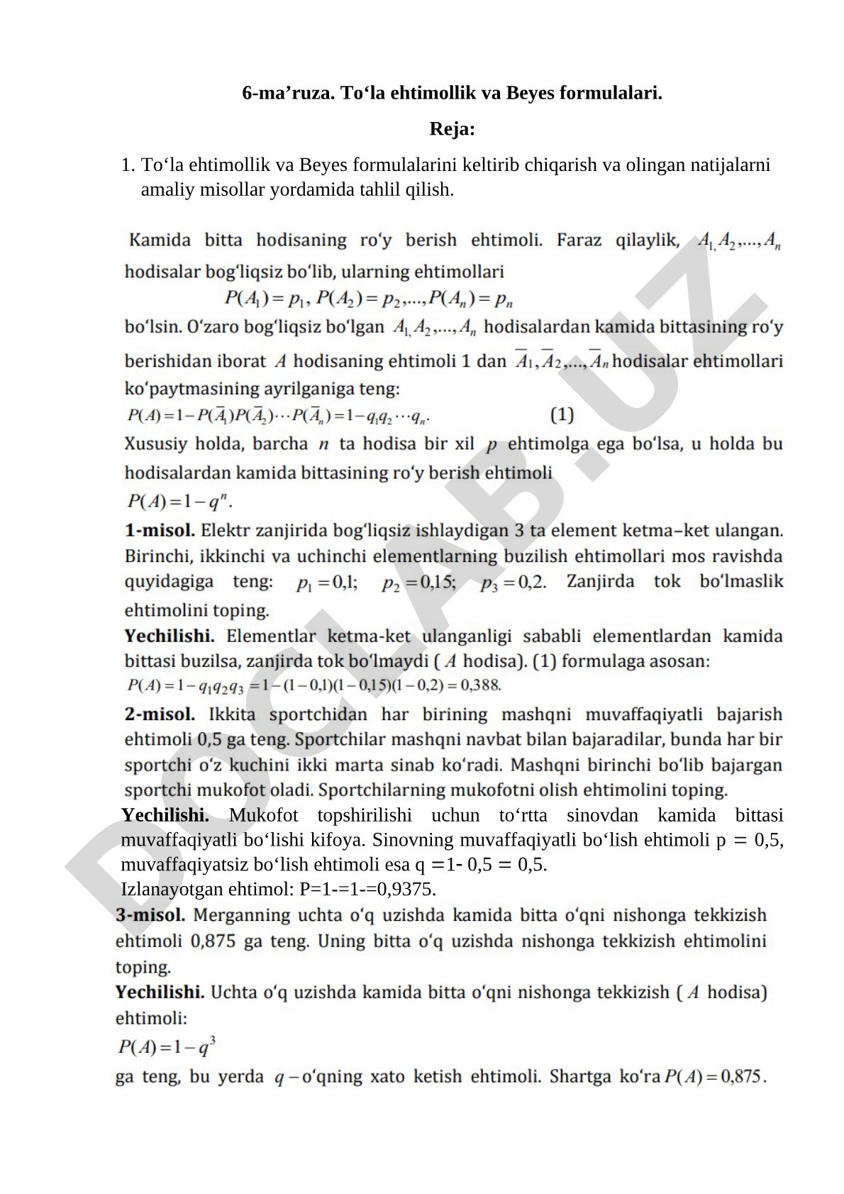 Toʻla ehtimollik va Beyes formulalari
