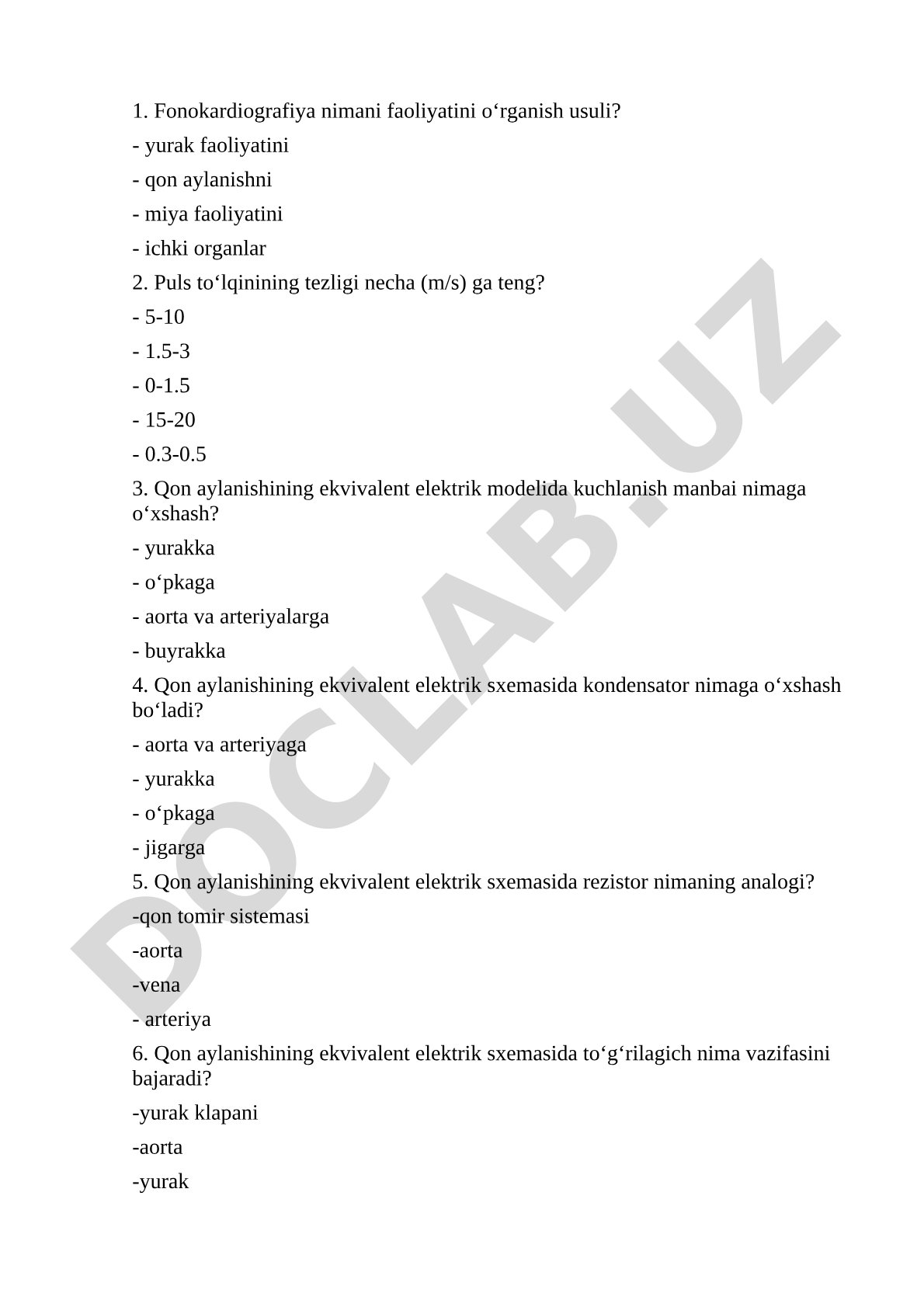 Fonokardiografiya va qon aylanishi elektr modeli test savollari