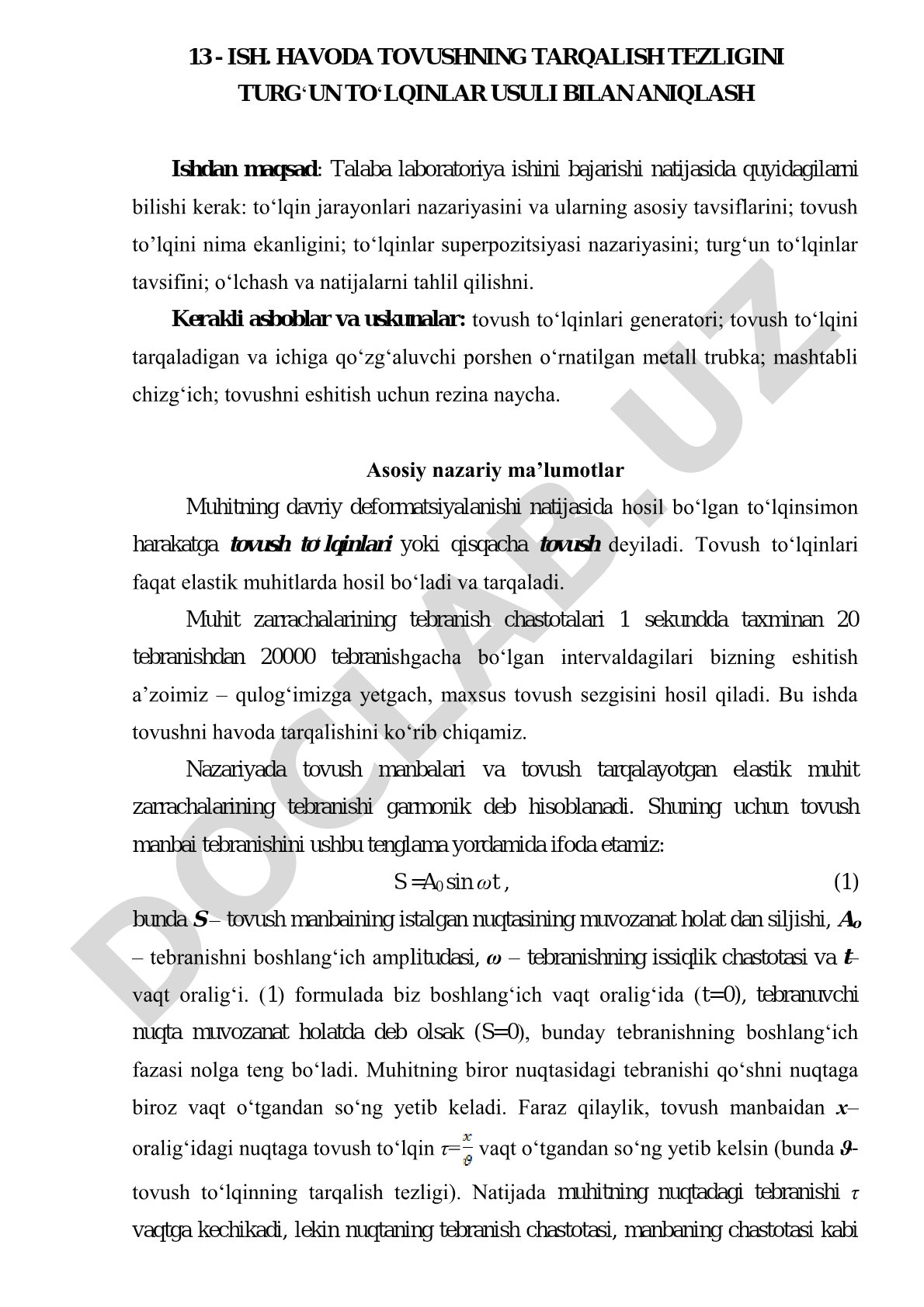 Havoda tovushning tarqalish tezligini turg‘un to‘lqinlar usuli bilan aniqlash