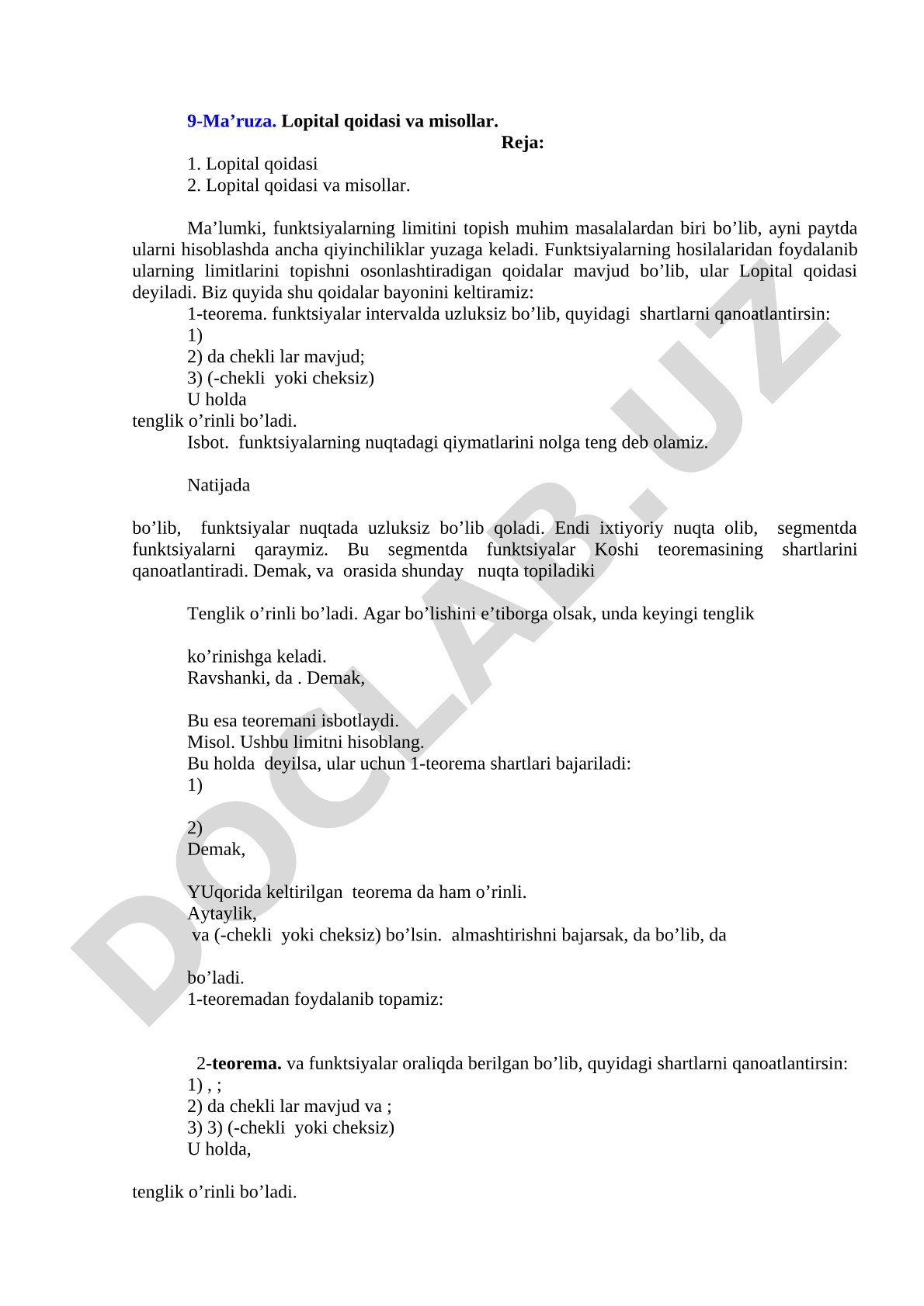 Lopital qoidasi va misollar