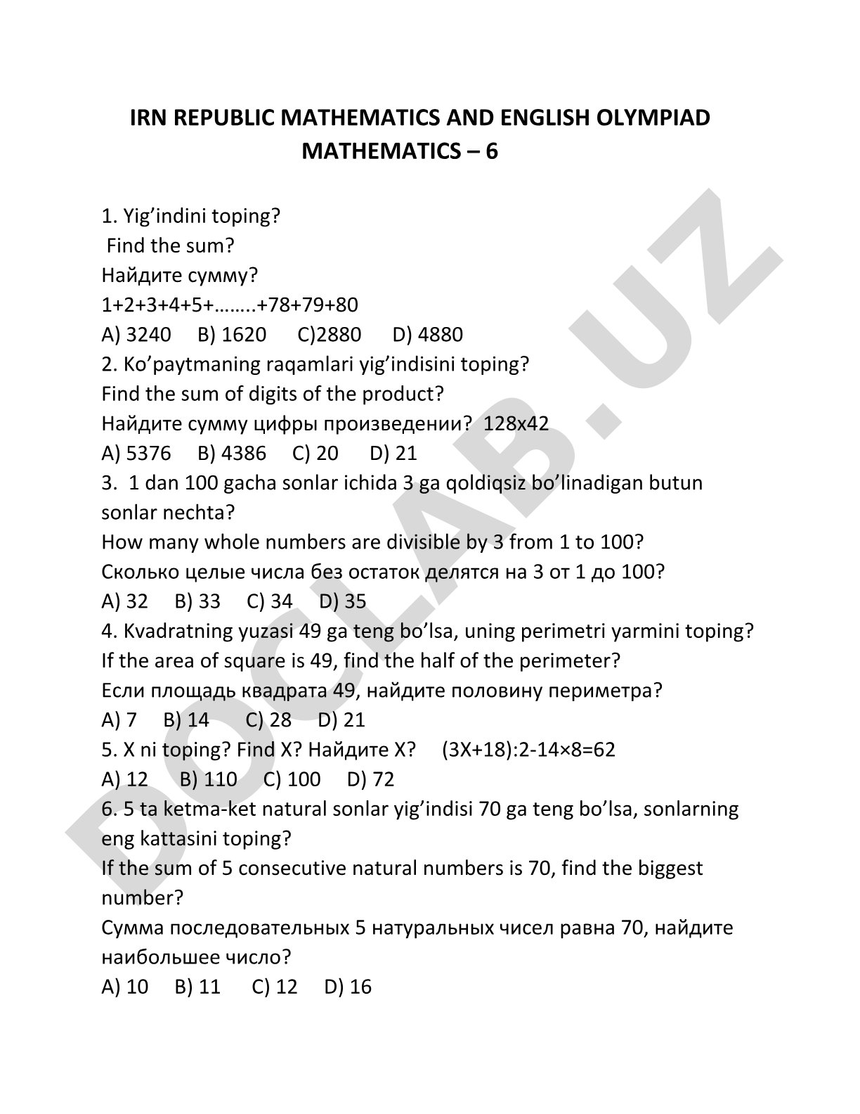 Matematika olimpiadasi 6-sinf test savollari