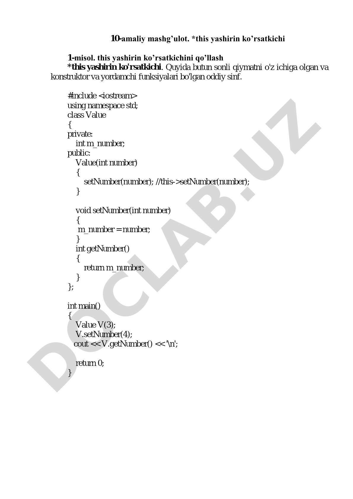 C++ tilida this yashirin ko'rsatkichini qo'llash misollari