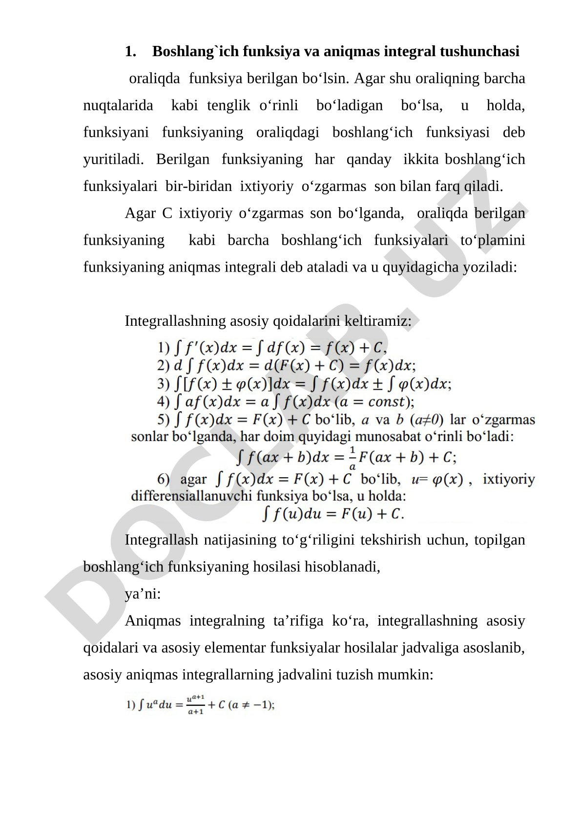 Boshlang'ich funksiya, aniqmas integral va xususiy hosilalar