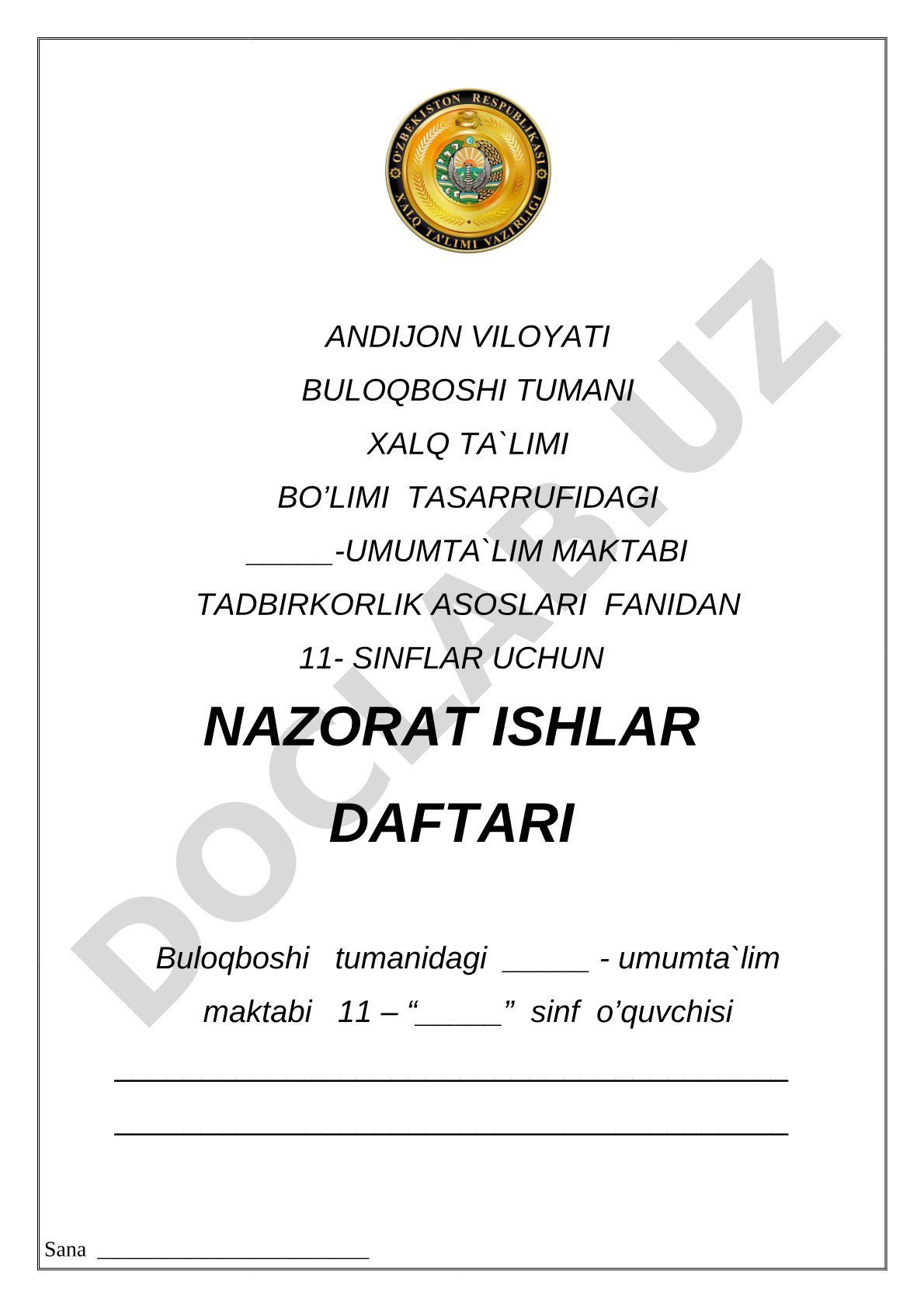 Tadbirkorlik asoslari fanidan 11-sinflar uchun nazorat ishlar daftari