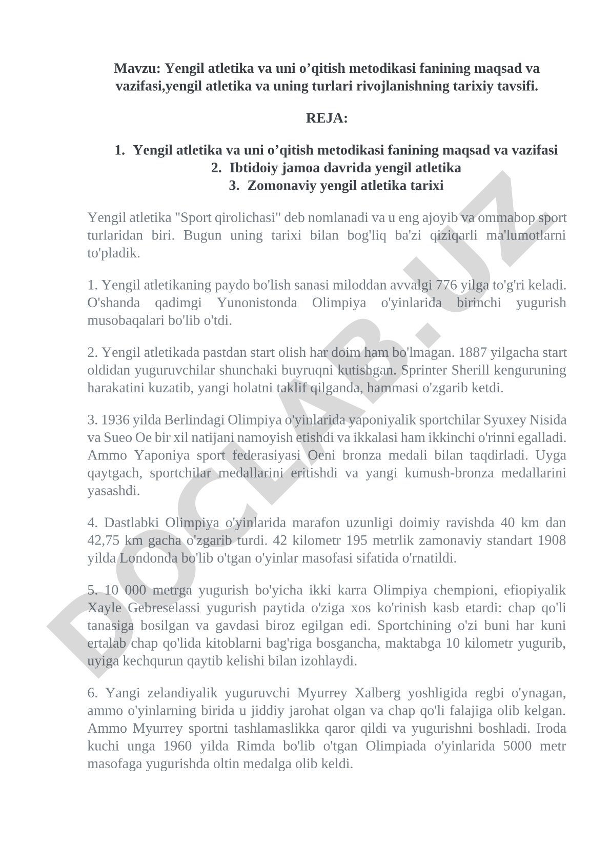 Yengil atletika va uni o’qitish metodikasi fanining maqsad va vazifasi,yengil atletika va uning turlari rivojlanishning tarixiy tavsifi