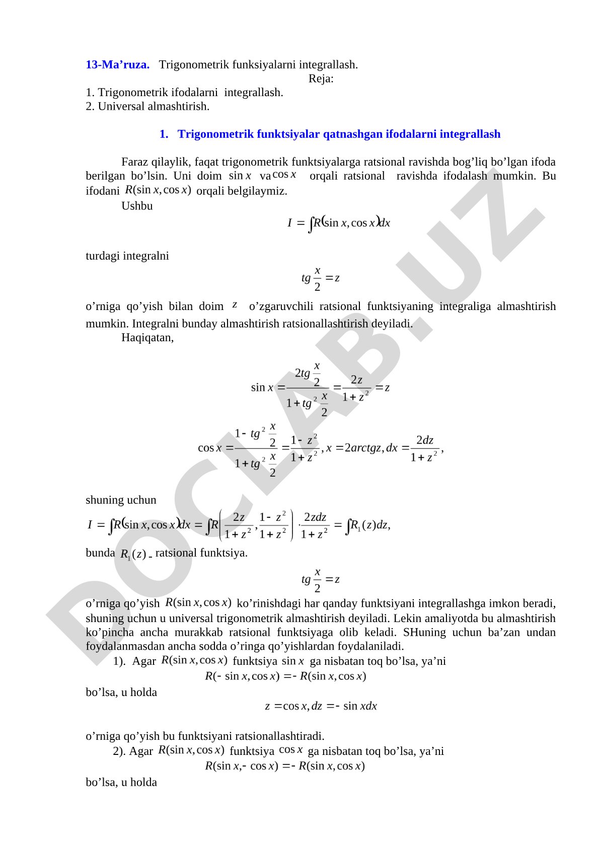 Trigonometrik funksiyalarni integrallash