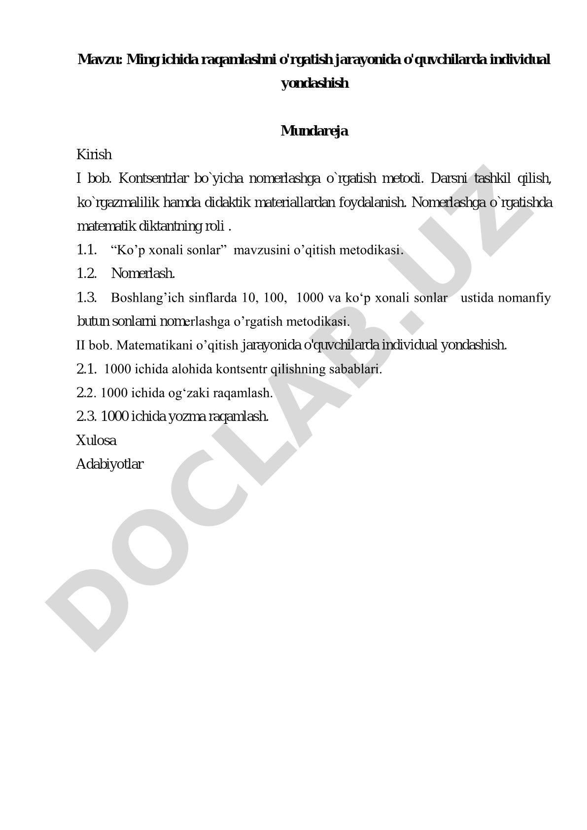 Ming ichida raqamlashni o'rgatish jarayonida o'quvchilarda individual yondashish