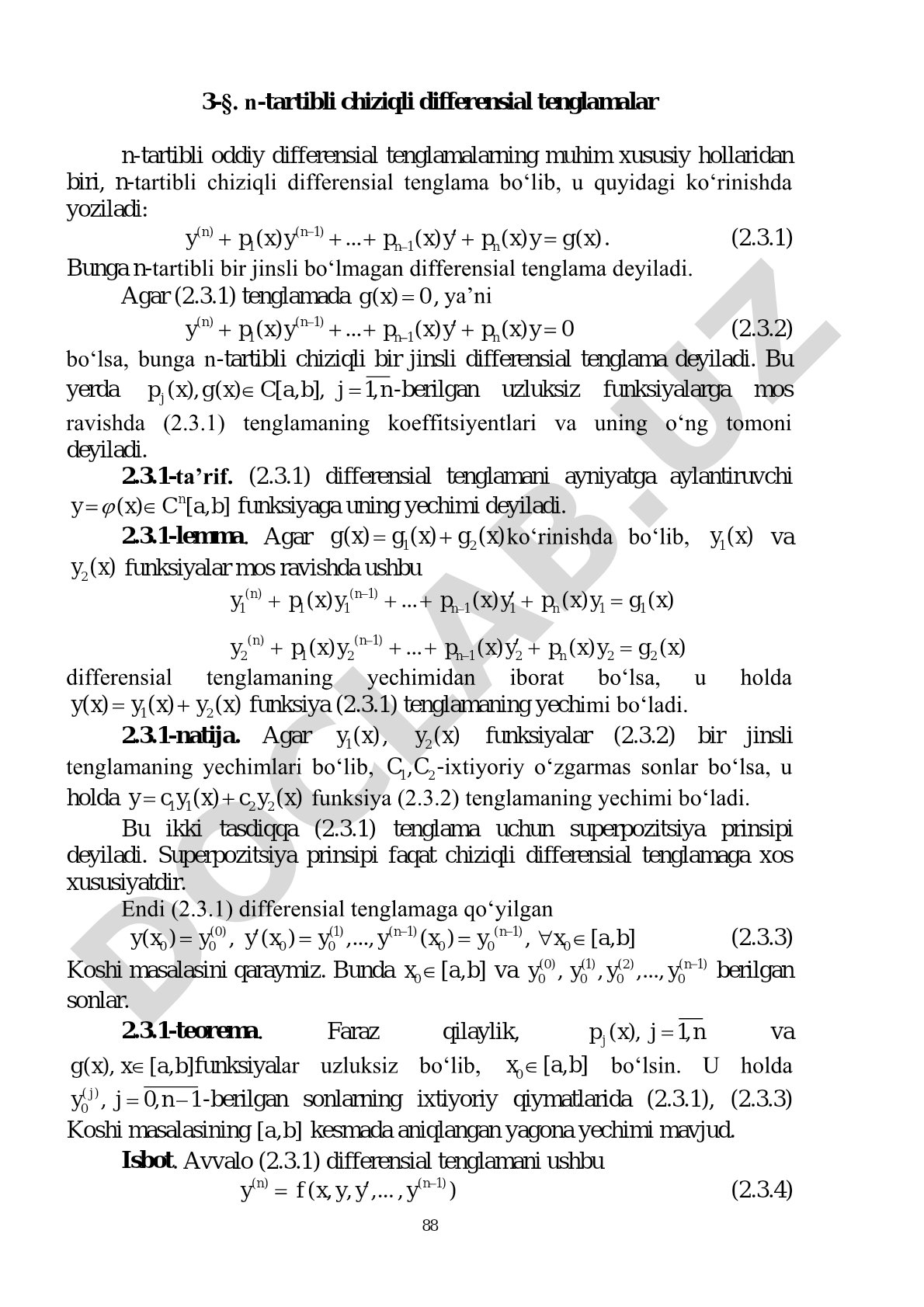 N-tartibli chiziqli differensial tenglamalar