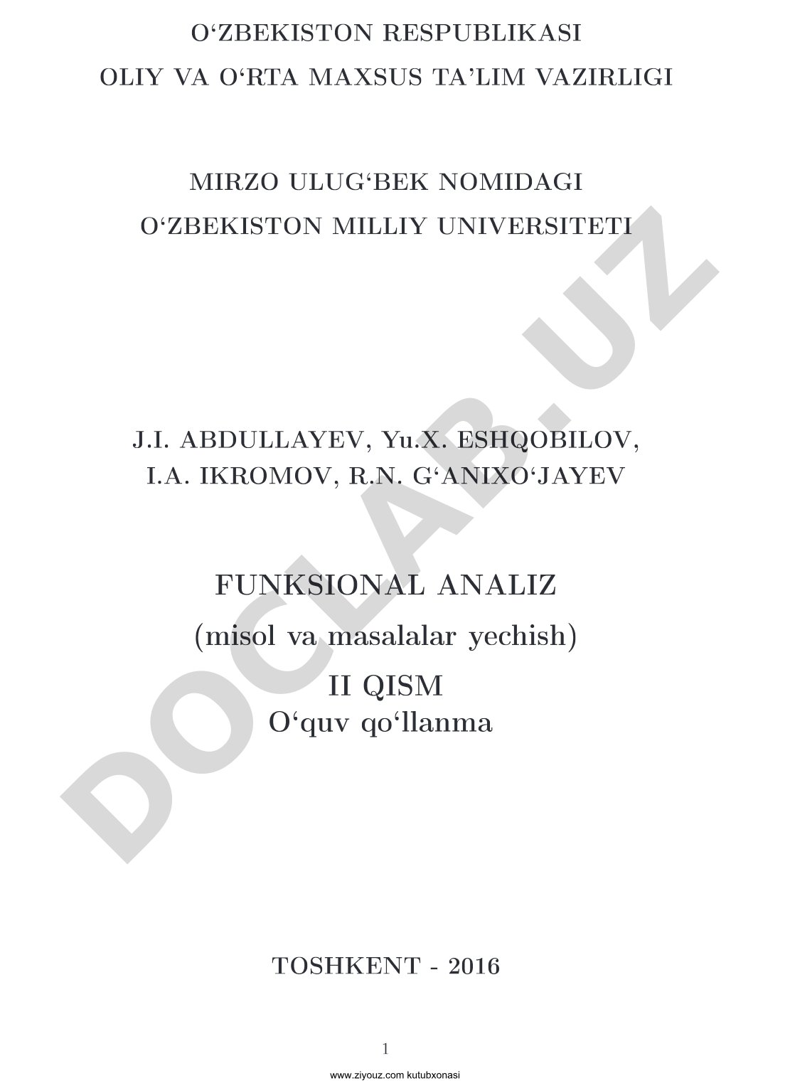 Funksional analiz (misol va masalalar yechish) II qism