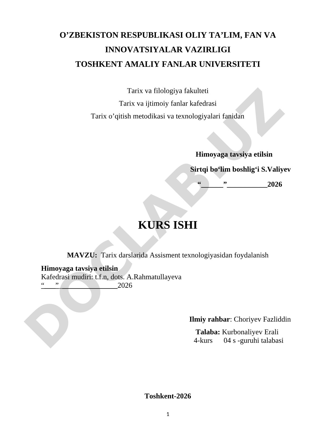 Tarix darslarida Assisment texnologiyasidan foydalanish