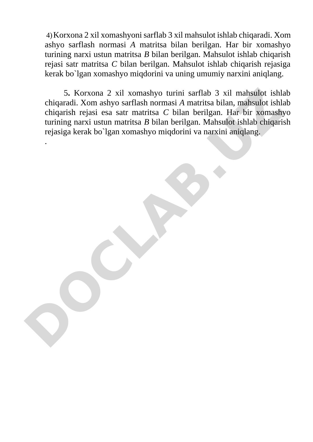 Matritsalar yordamida xomashyo miqdori va narxini aniqlash