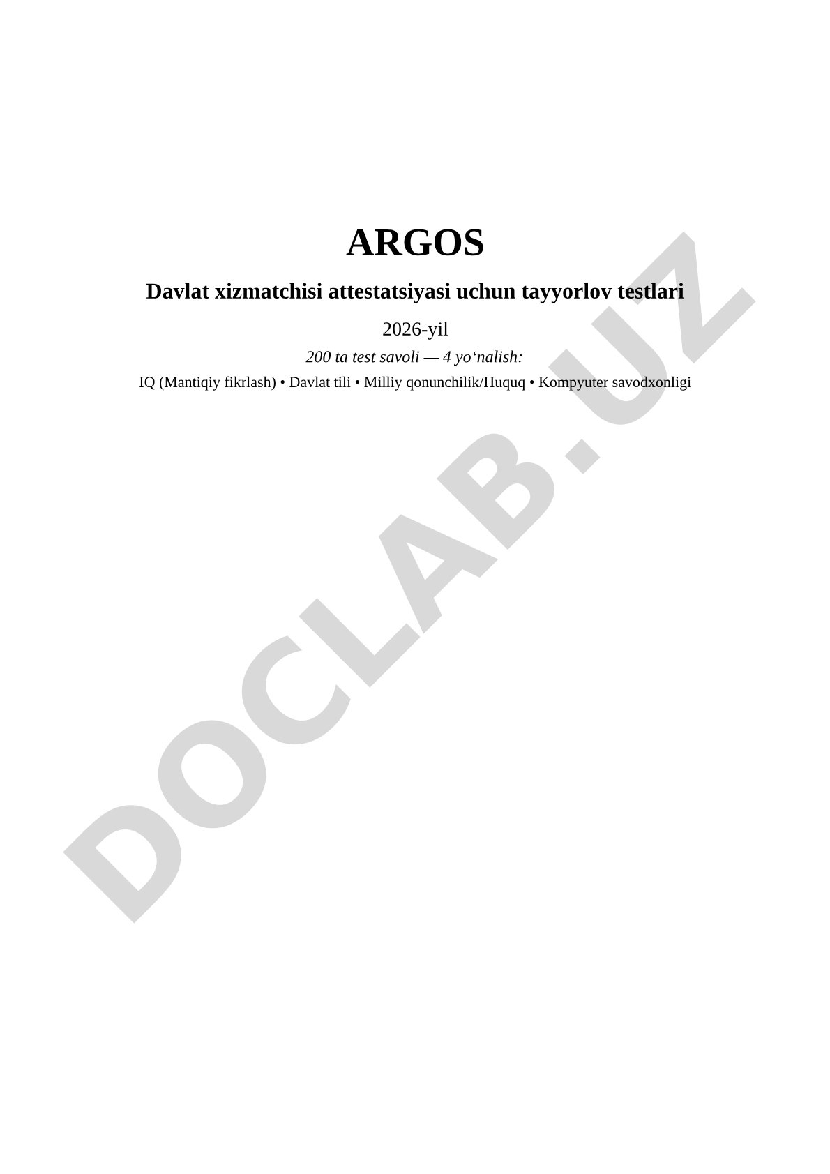 ARGOS Davlat xizmatchisi attestatsiyasi uchun tayyorlov testlari 2026-yil