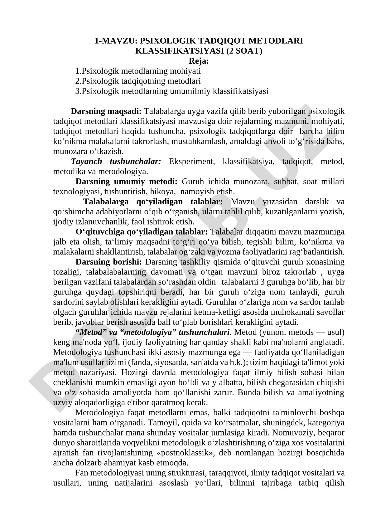 PSIXOLOGIK TADQIQOT METODLARI KLASSIFIKATSIYASI