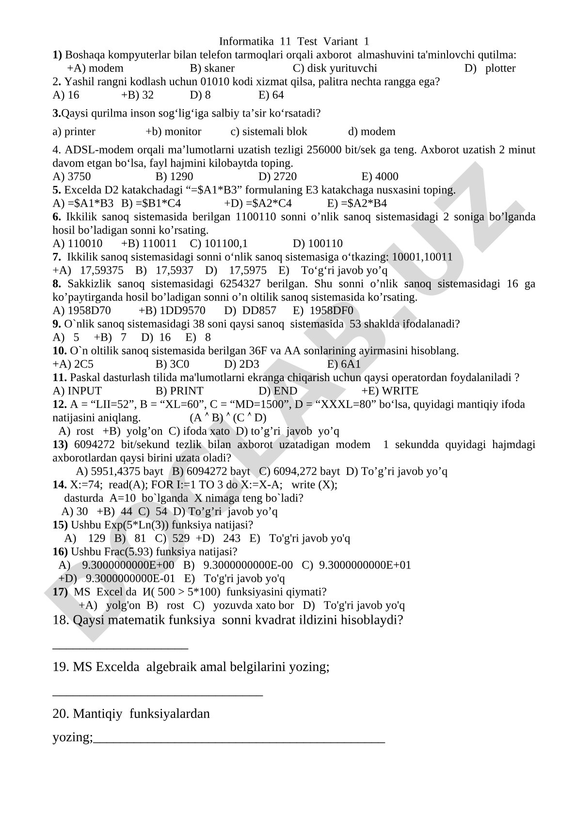 Informatika 11 Test Variant 1