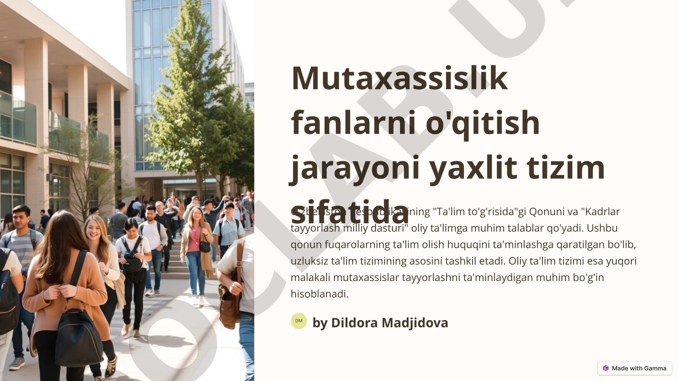 Mutaxassislik fanlarni o'qitish jarayoni yaxlit tizim sifatida