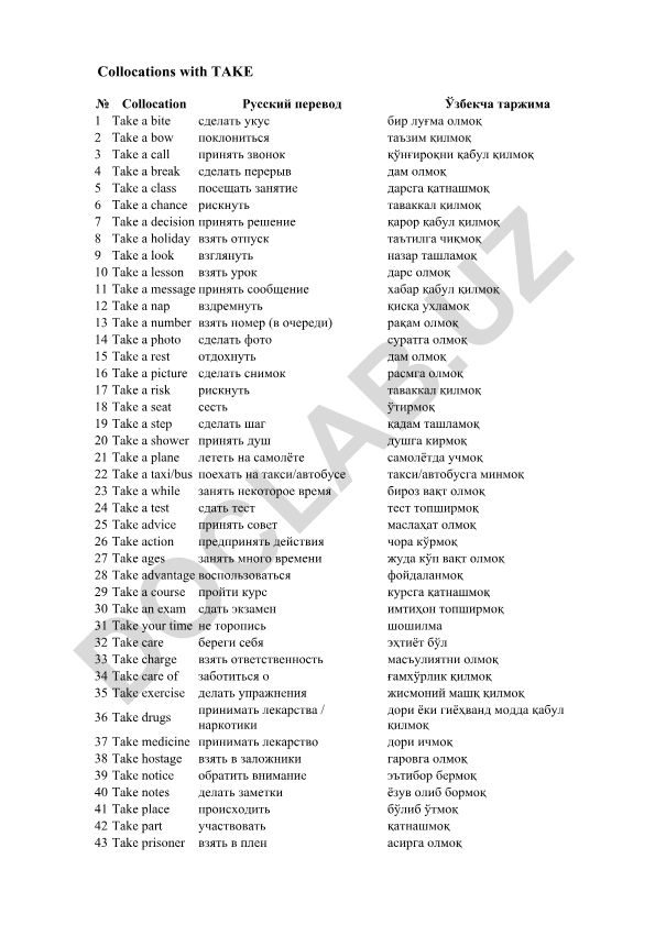 Collocations with TAKE - ingliz, rus va o'zbek tillarida