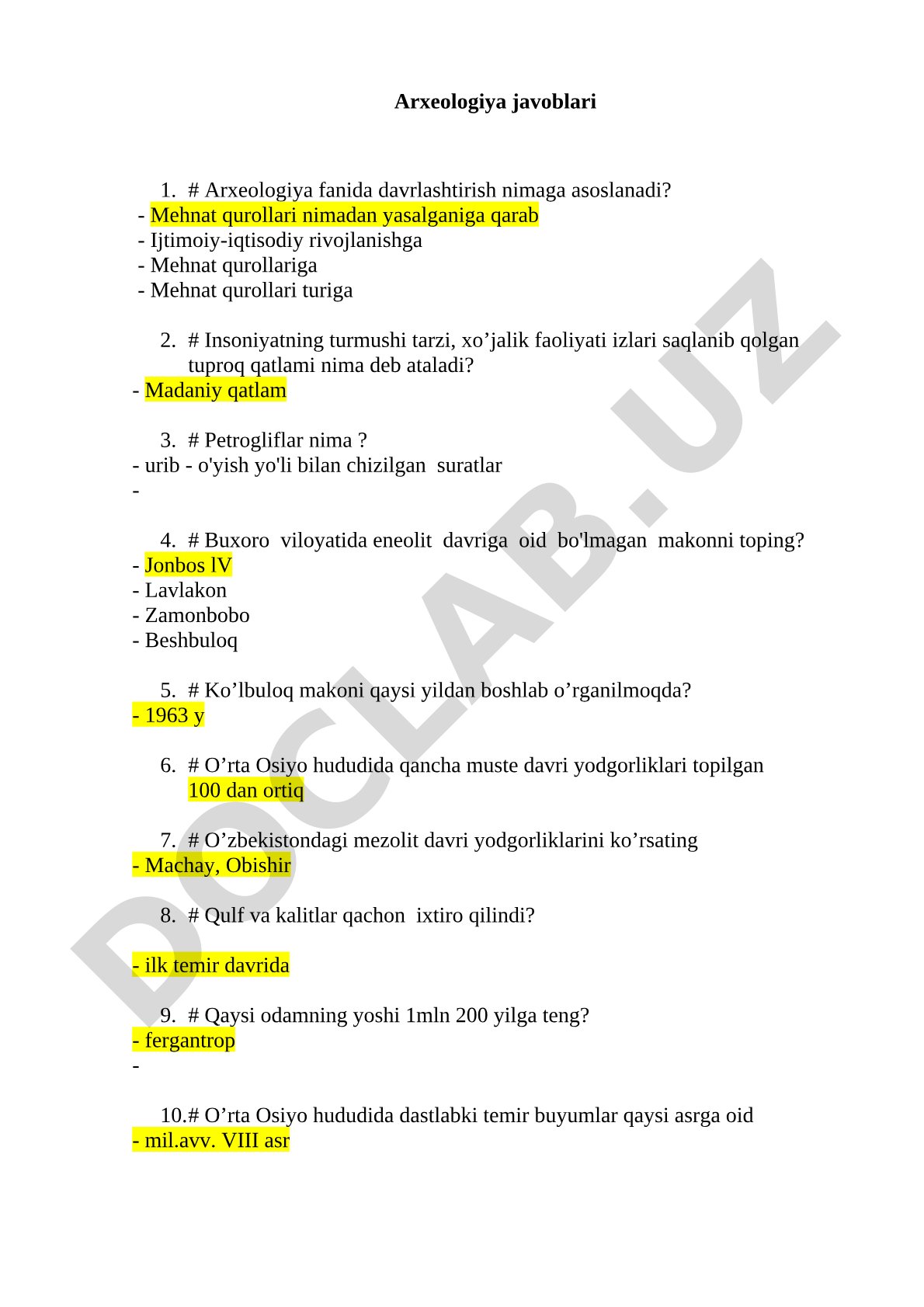 Arxeologiyadan savol-javoblar: davr, madaniy qatlam, petrogliflar