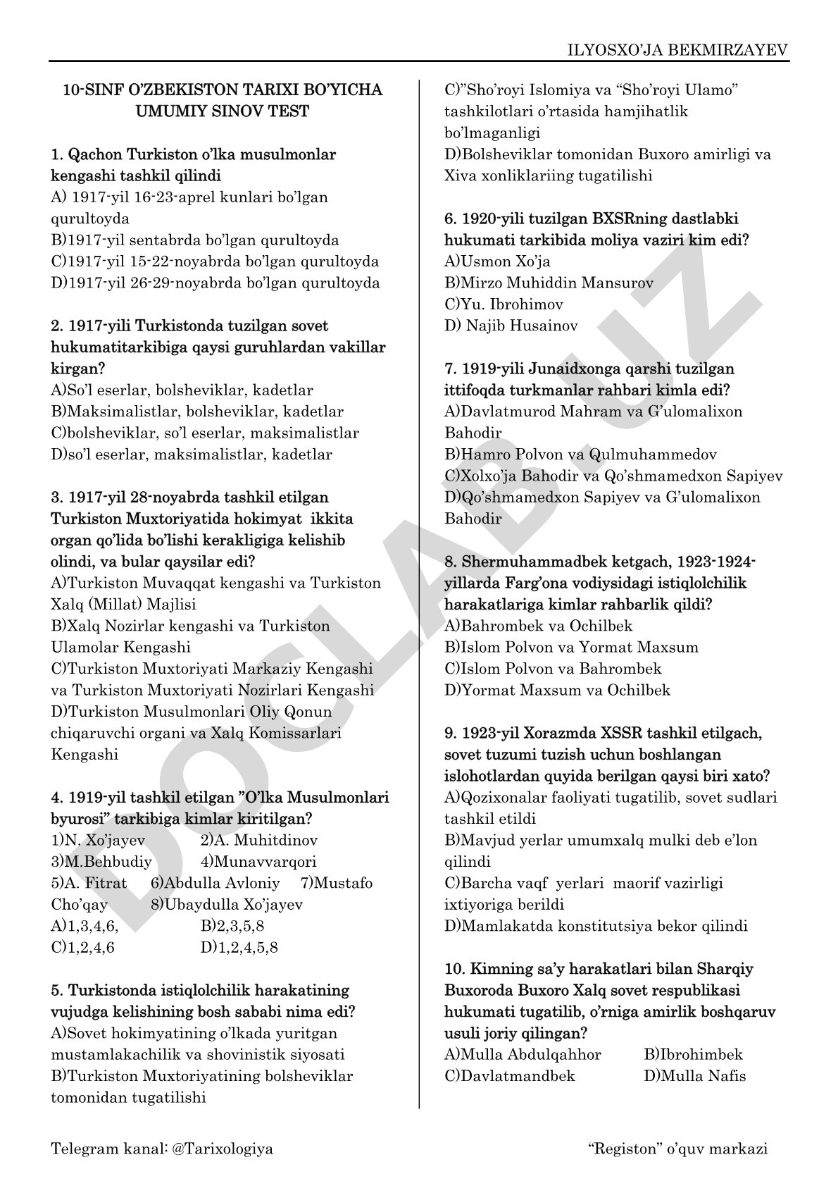10-sinf O’zbekiston tarixi bo’yicha umumiy sinov test