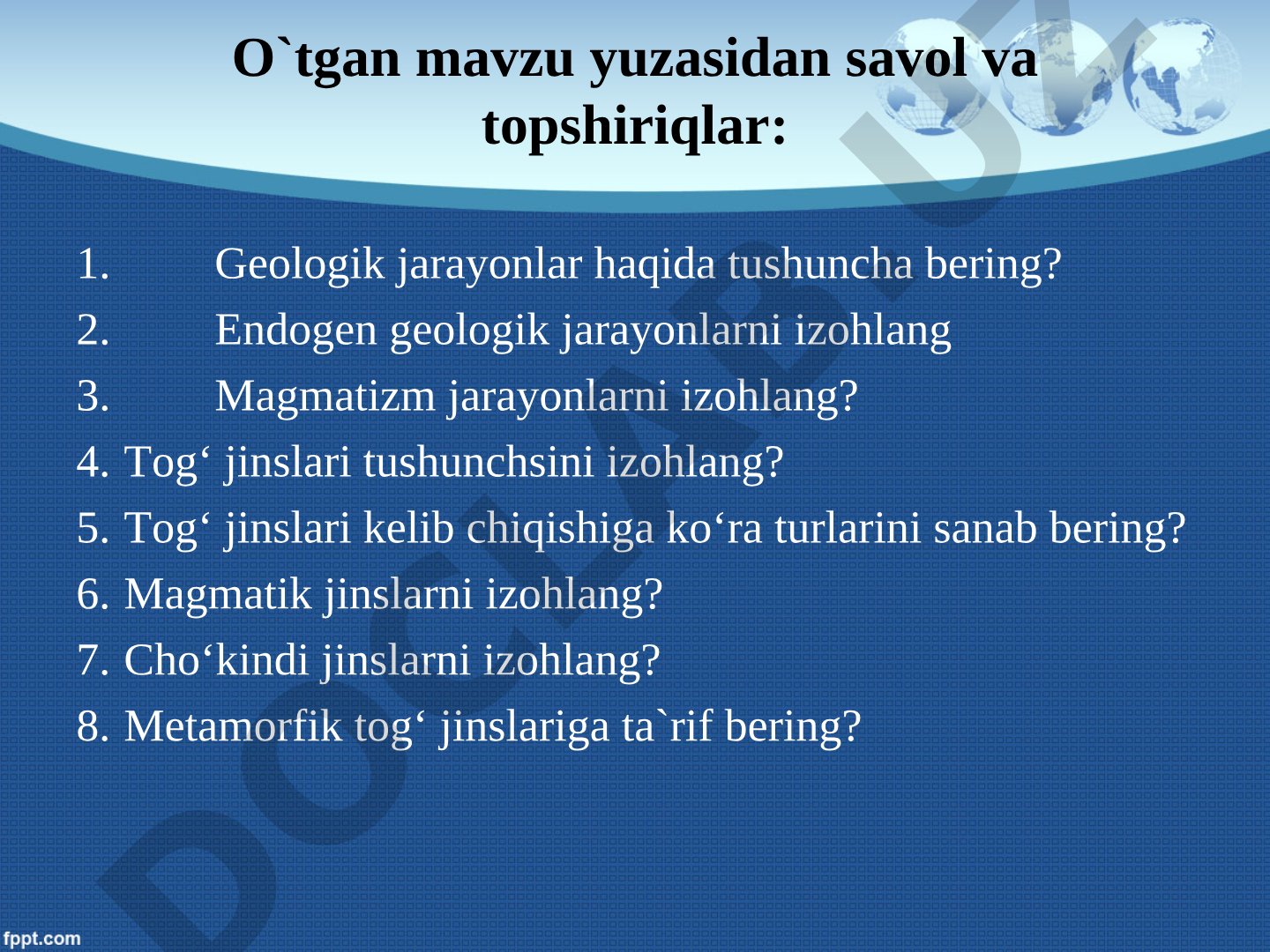 Tog‘ jinslarining genetik turlari, ularning o‘zaro farqlari va o‘xshashlik xususiyatlarini laboratoriyada aniqlash