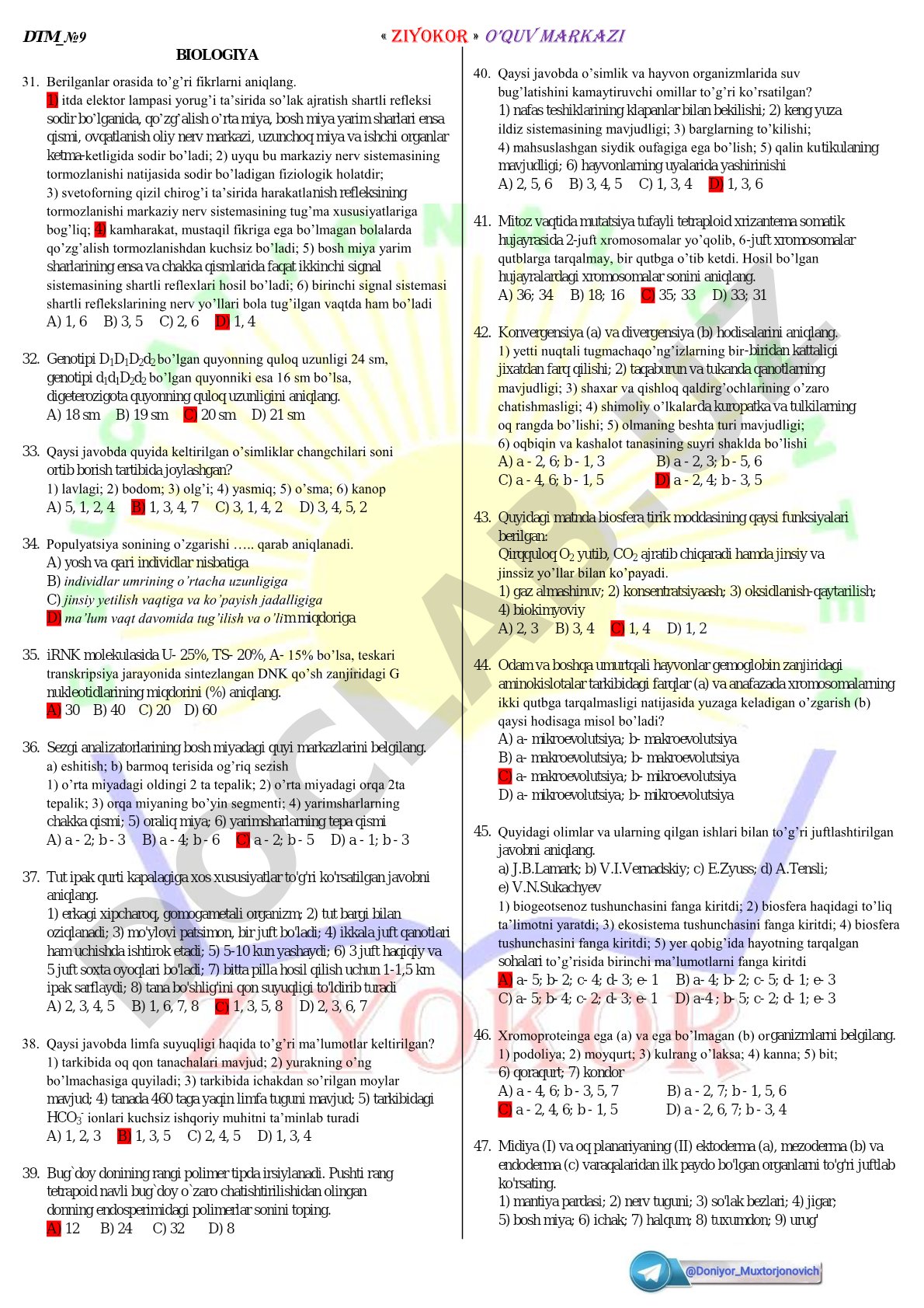 Biologiya test savollari to'plami