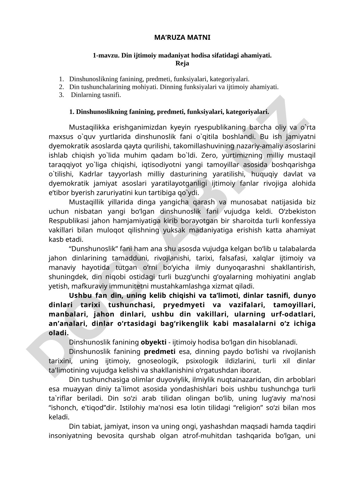 Din ijtimoiy madaniyat hodisa sifatidagi ahamiyati