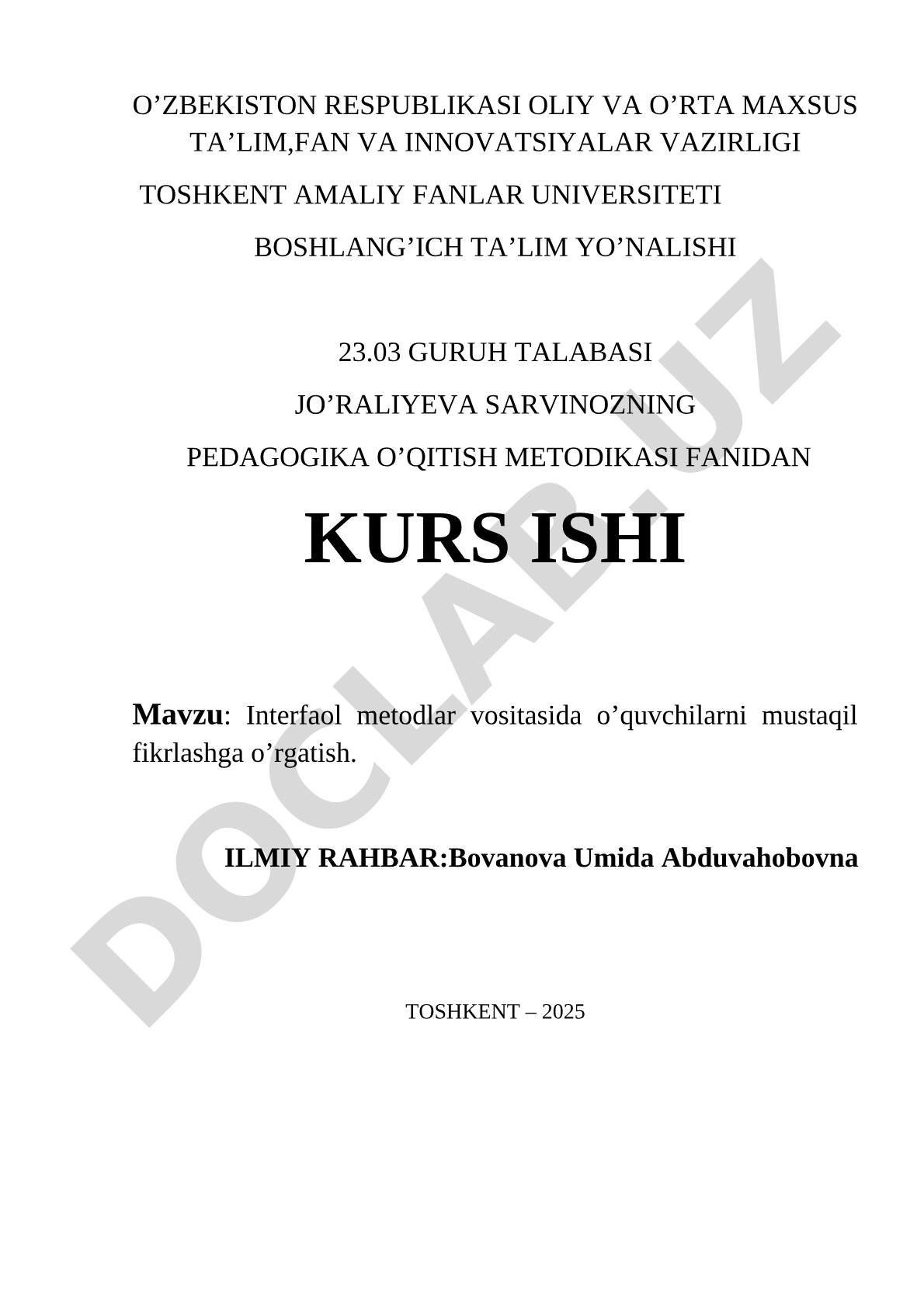 Interfaol metodlar vositasida o'quvchilarni mustaqil fikrlashga o'rgatish