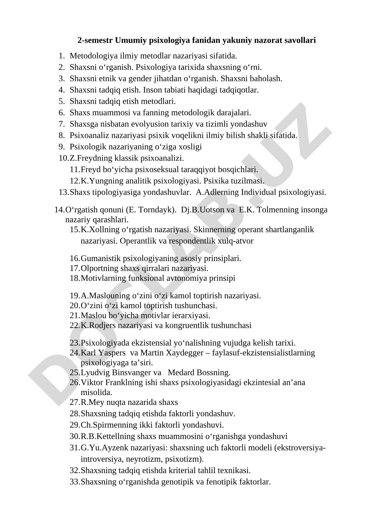 2-semestr Umumiy psixologiya fanidan yakuniy nazorat savollari