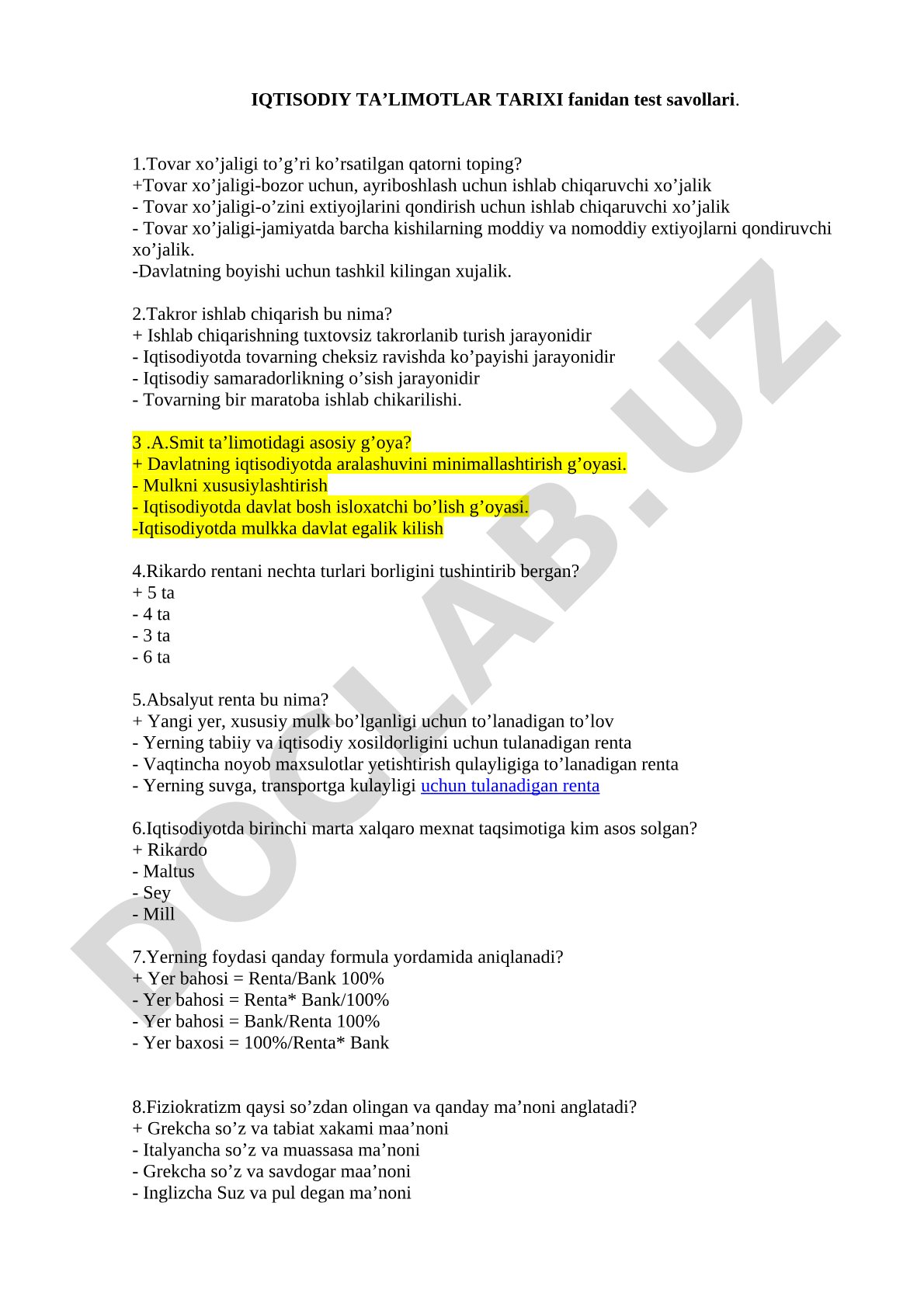 Iqtisodiy ta'limotlar tarixi fanidan test savollari