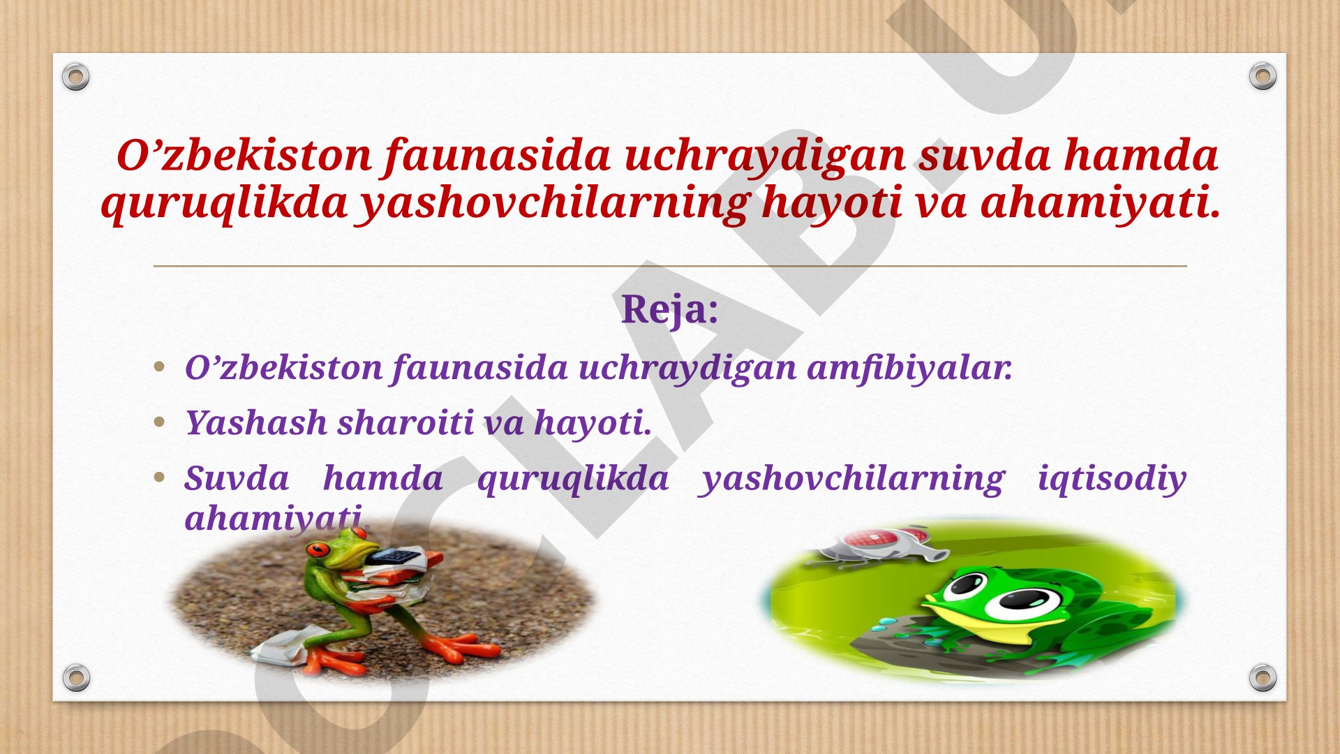 O’zbekiston faunasida uchraydigan suvda hamda quruqlikda yashovchilarning hayoti va ahamiyati