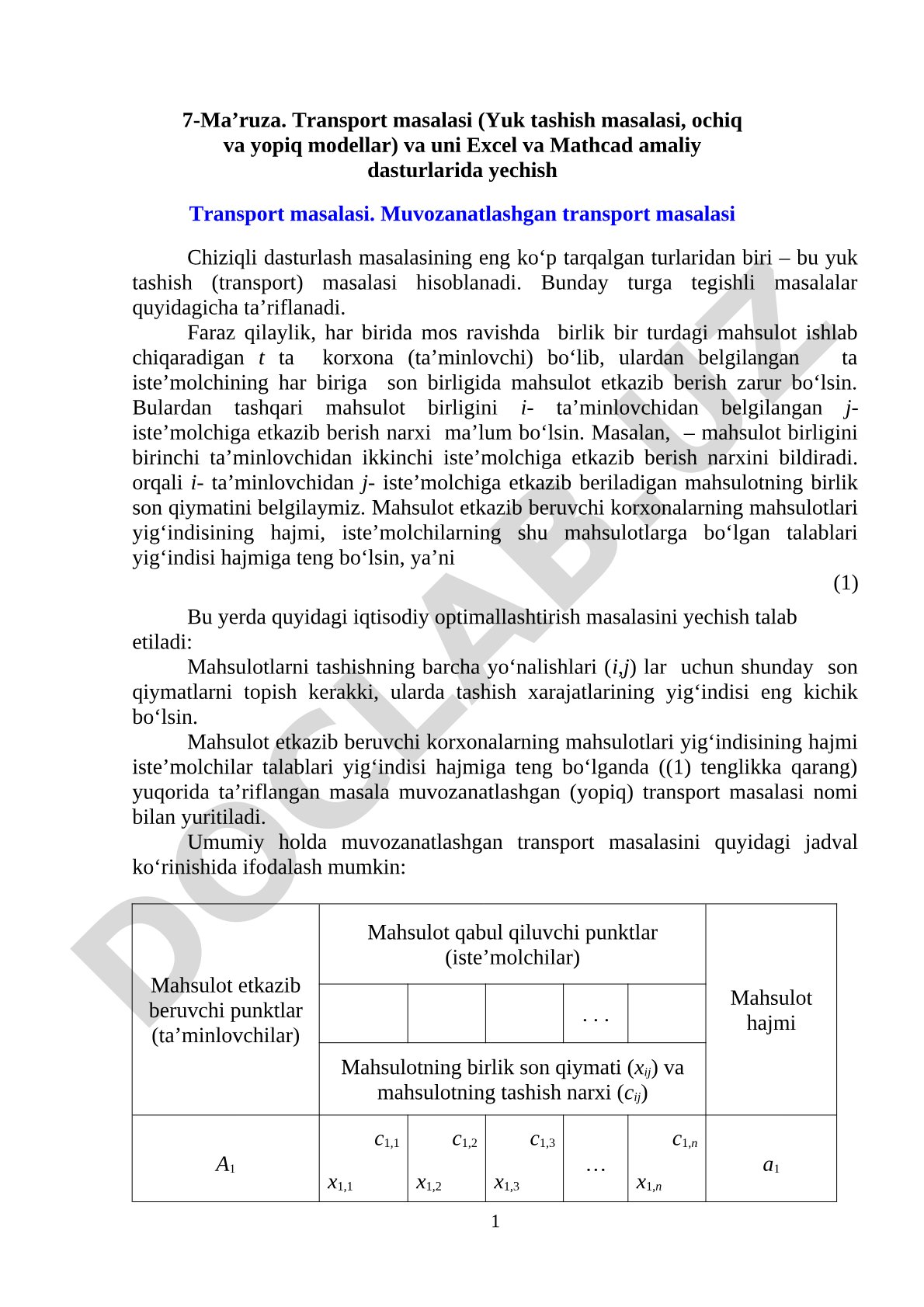 Transport masalasi va uni Excel va Mathcad amaliy dasturlarida yechish