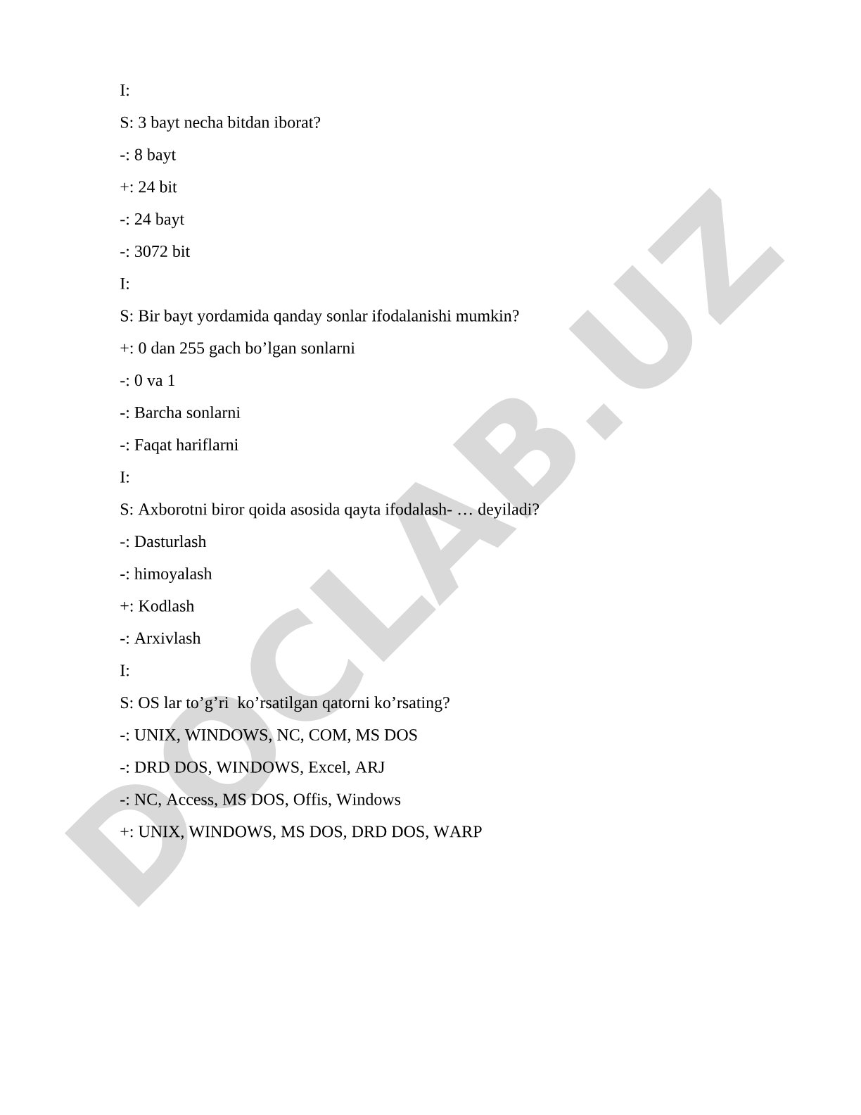 Informatika fanidan test savollari
