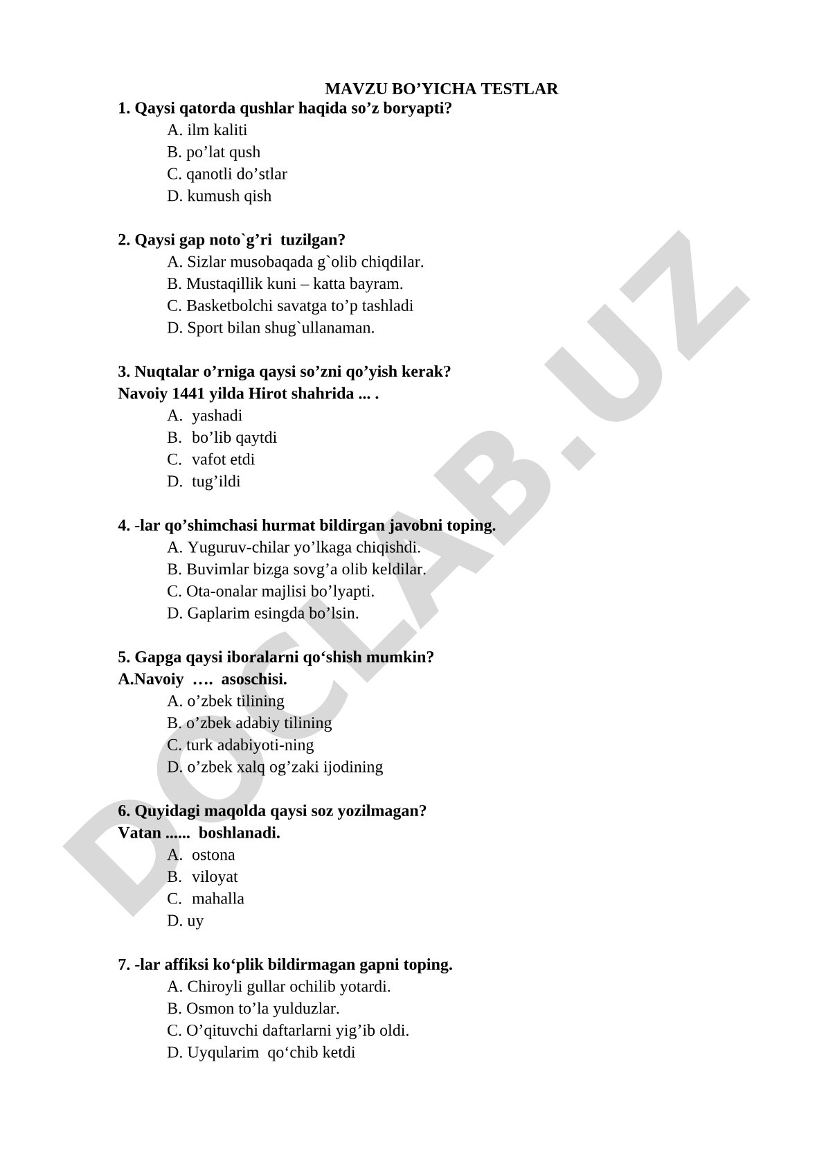 O'zbek tili va adabiyoti fanidan testlar