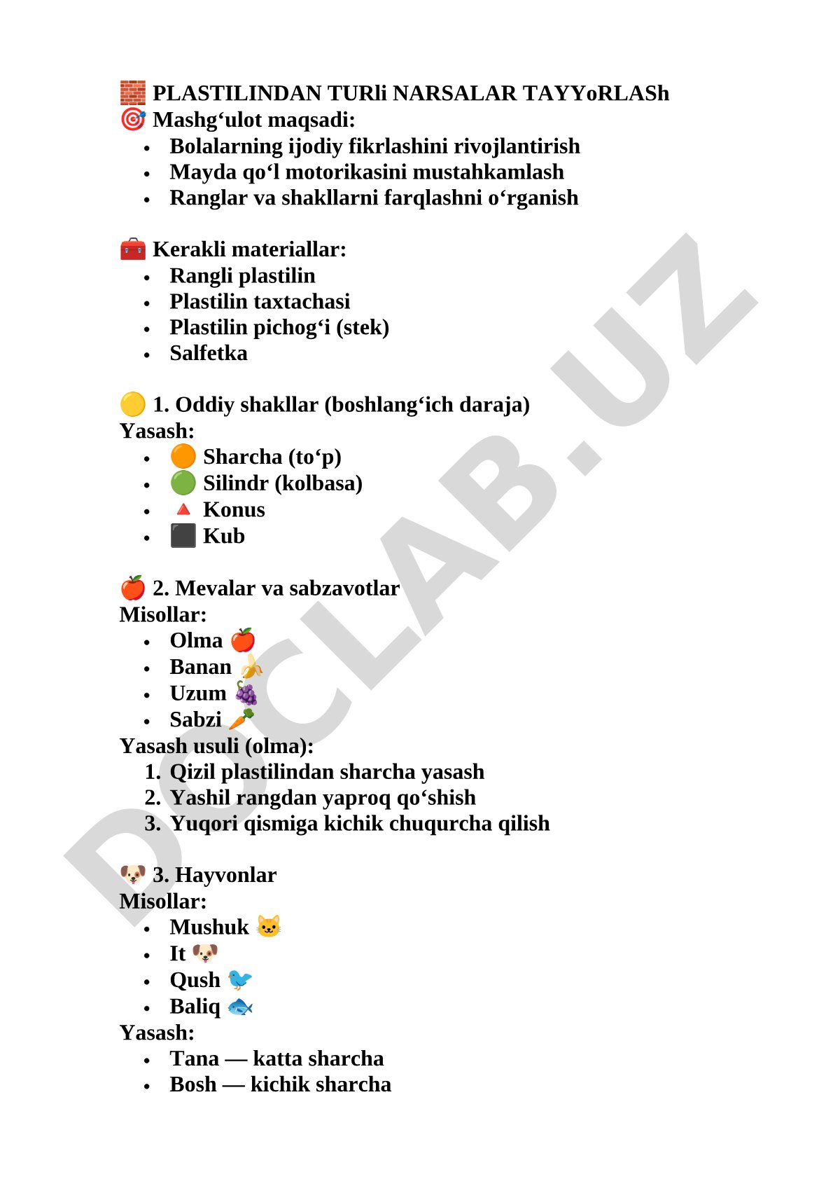 Plastilindan turli narsalar tayyorlash