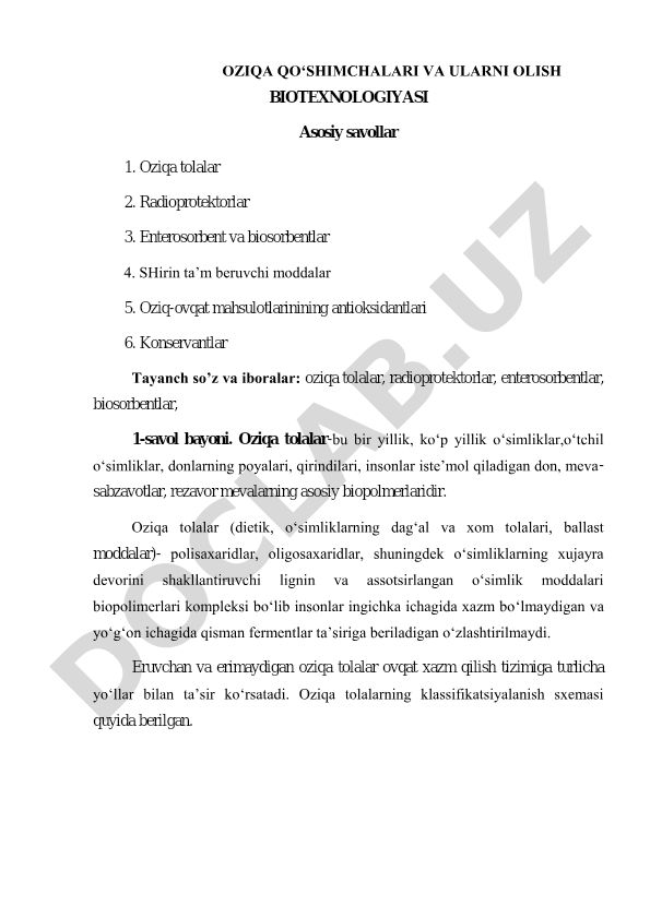Oziqa qo'shimchalari va ularni olish biotexnologiyasi