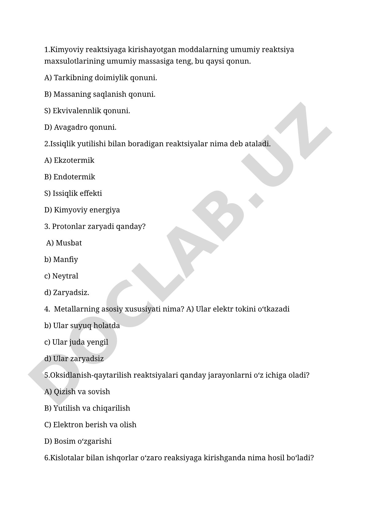 Kimyoviy qonunlar va atom tuzilishi testi