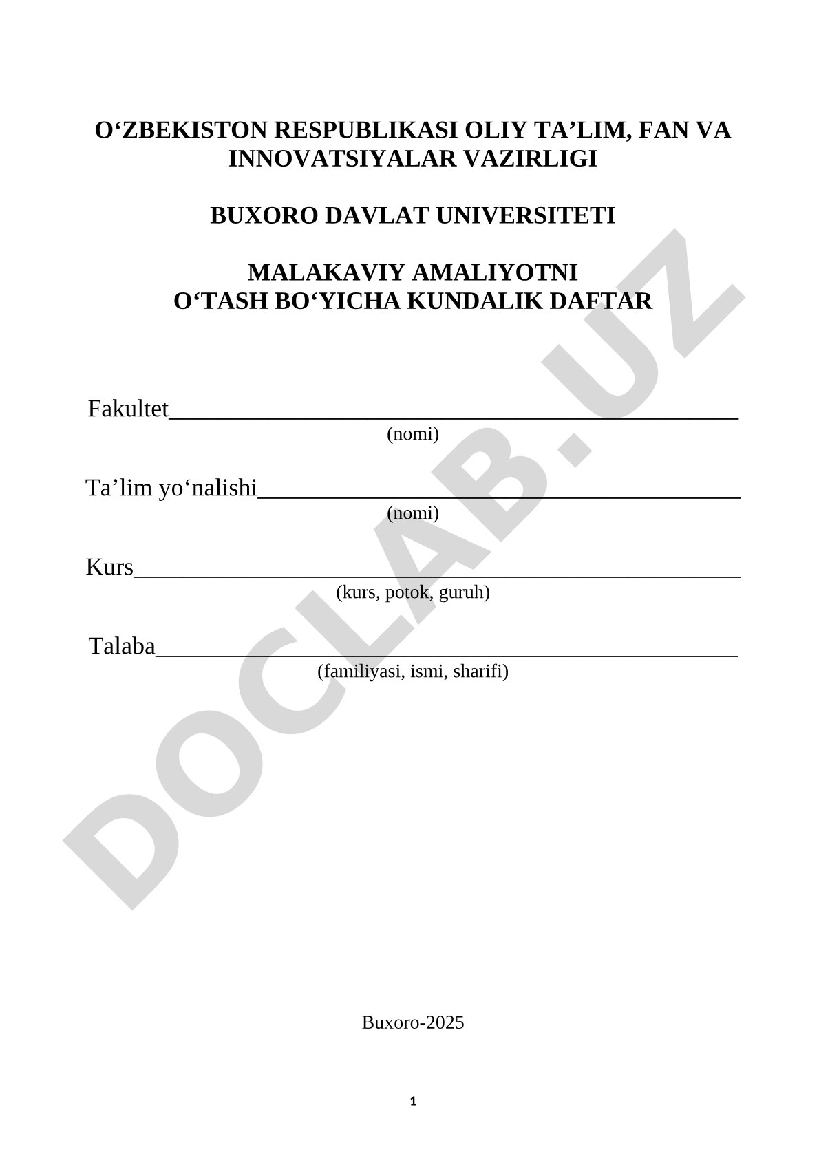 Malakaviy amaliyotni o'tash bo'yicha kundalik daftar
