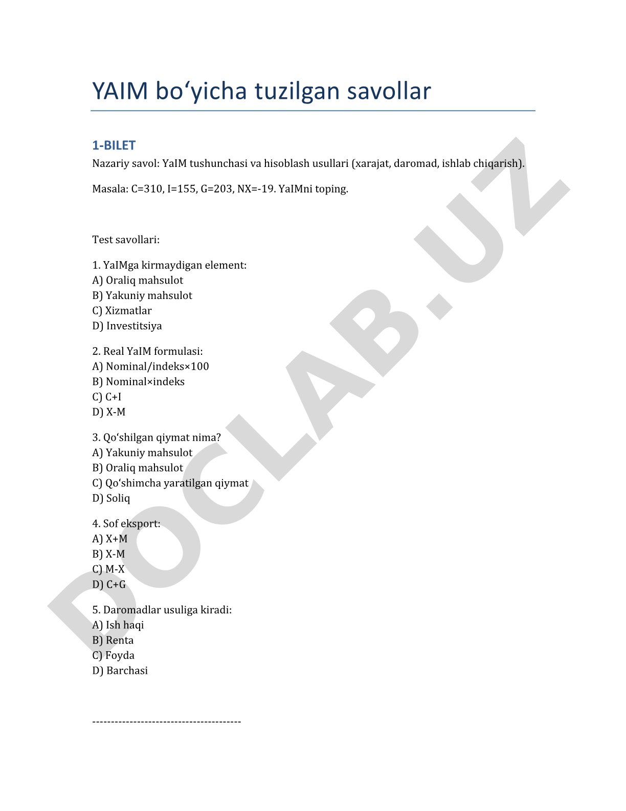YAIM bo‘yicha tuzilgan savollar