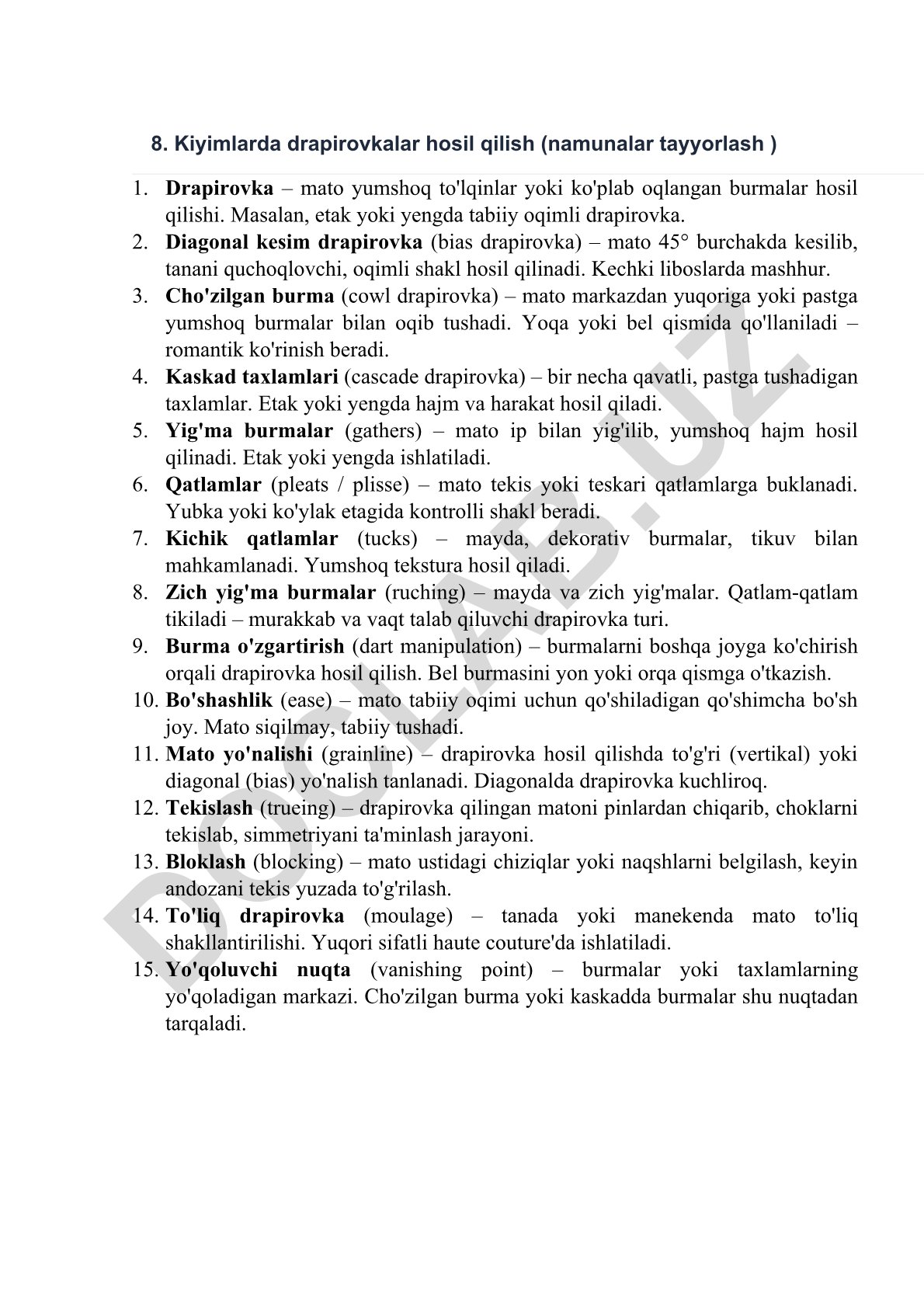Kiyimlarda drapirovkalar hosil qilish usullari va turlari