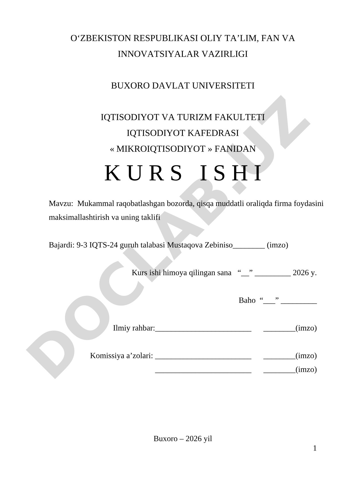 Mukammal raqobatlashgan bozorda, qisqa muddatli oraliqda firma foydasini maksimallashtirish va uning taklifi