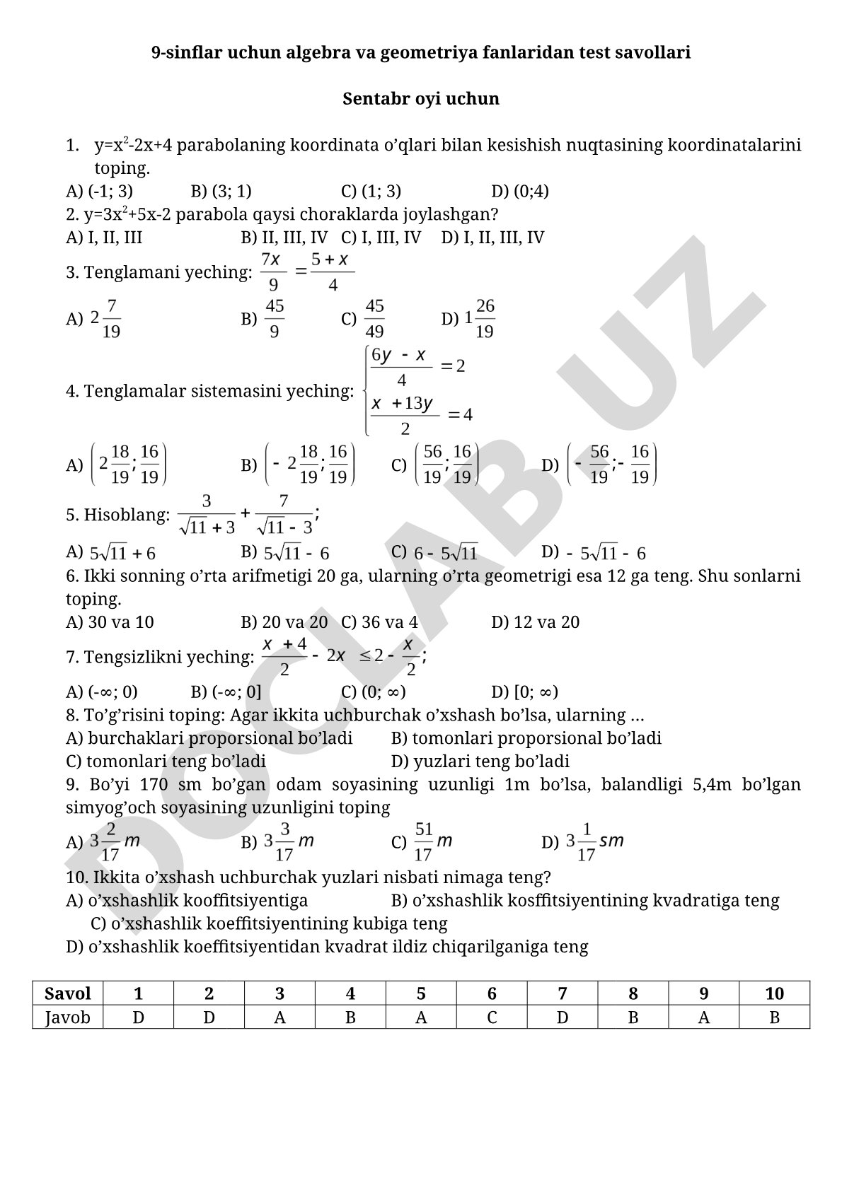 9-sinflar uchun algebra va geometriya fanlaridan test savollari Sentabr oyi