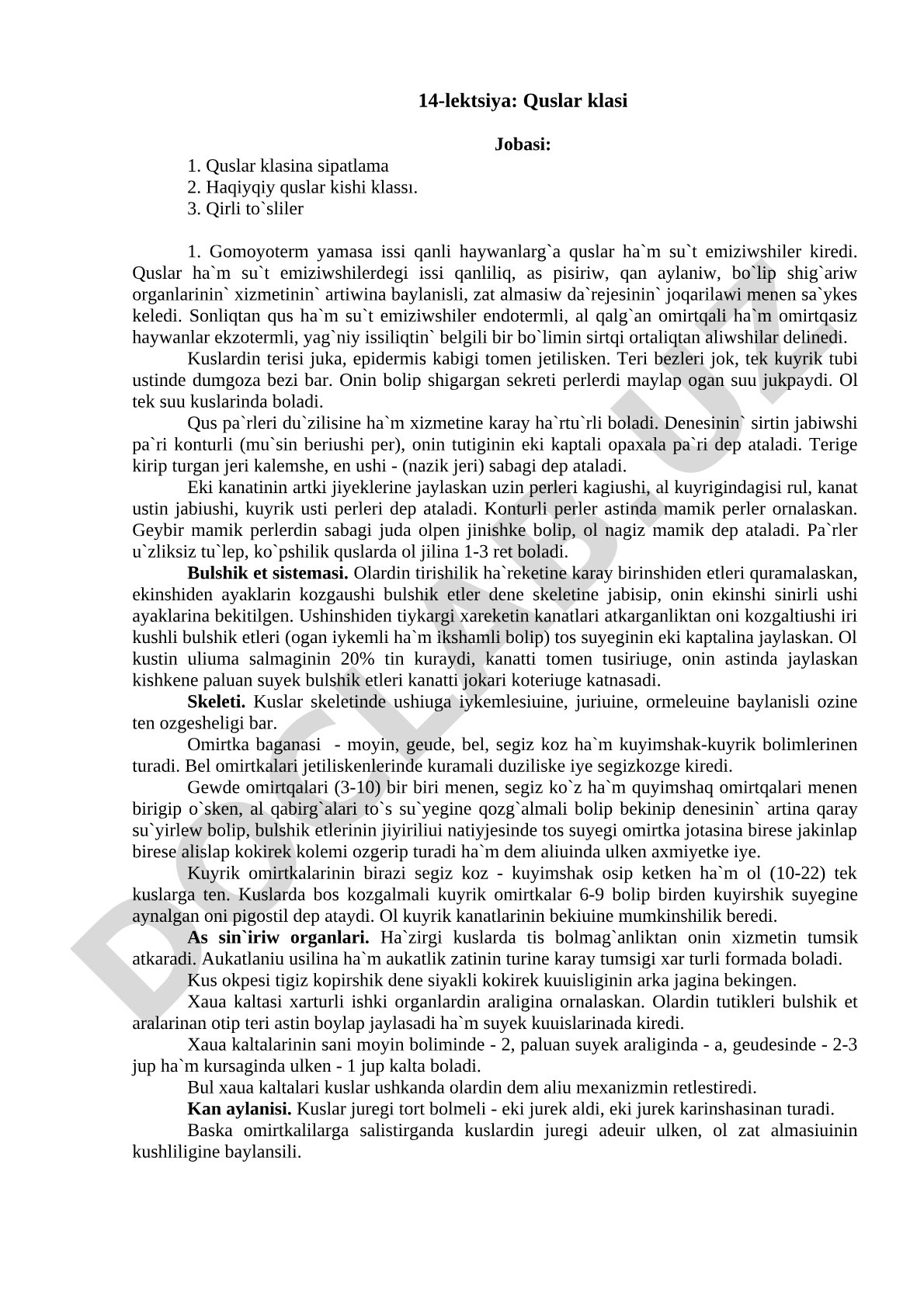 Quslar klasi: sipatlama, haqiyqiy quslar, qirli tosliler