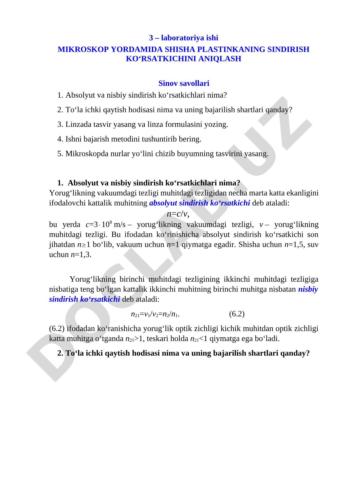Mikroskop yordamida shisha plastinkaning sindirish ko‘rsatkichini aniqlash