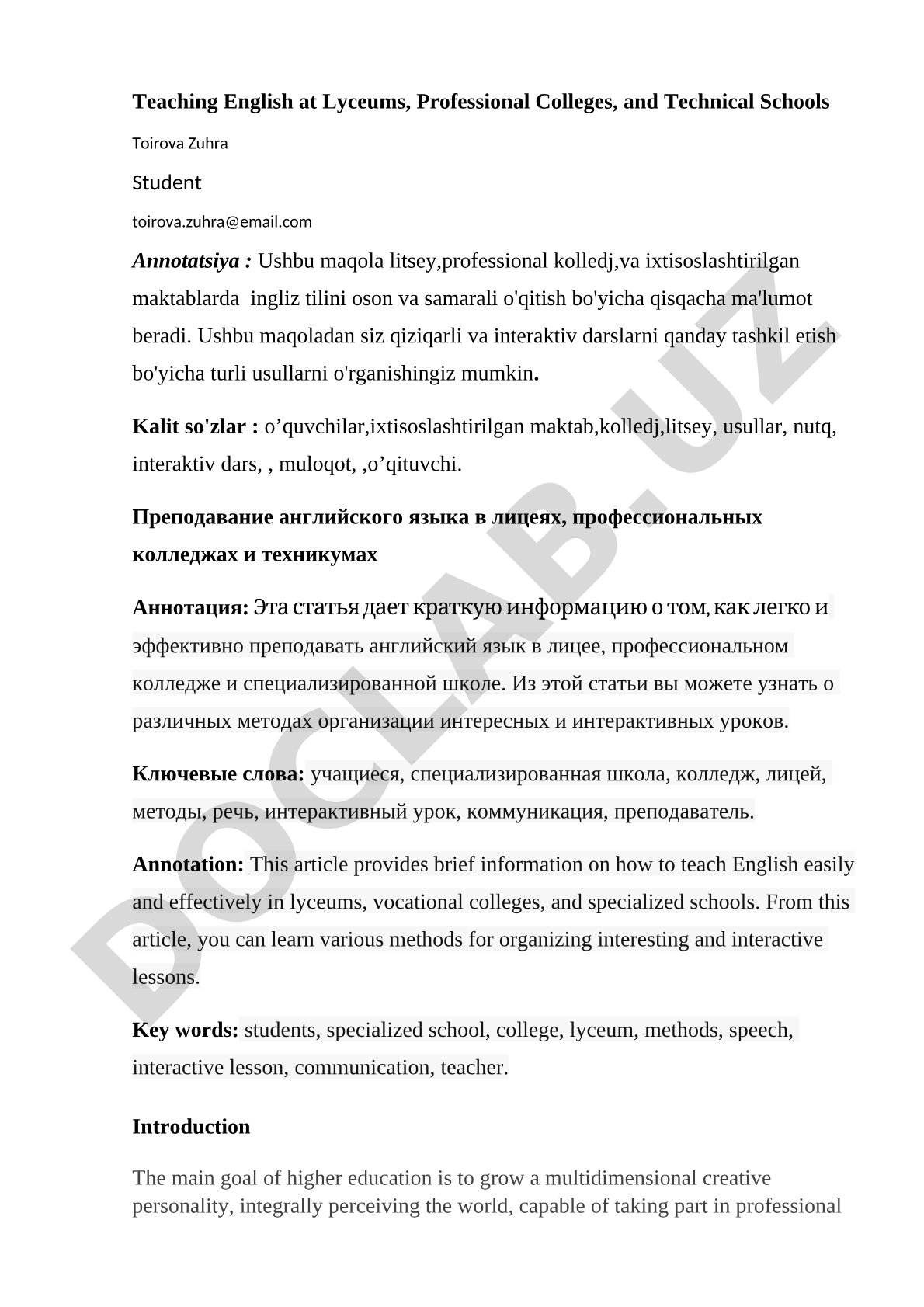 Teaching English at Lyceums, Professional Colleges, and Technical Schools