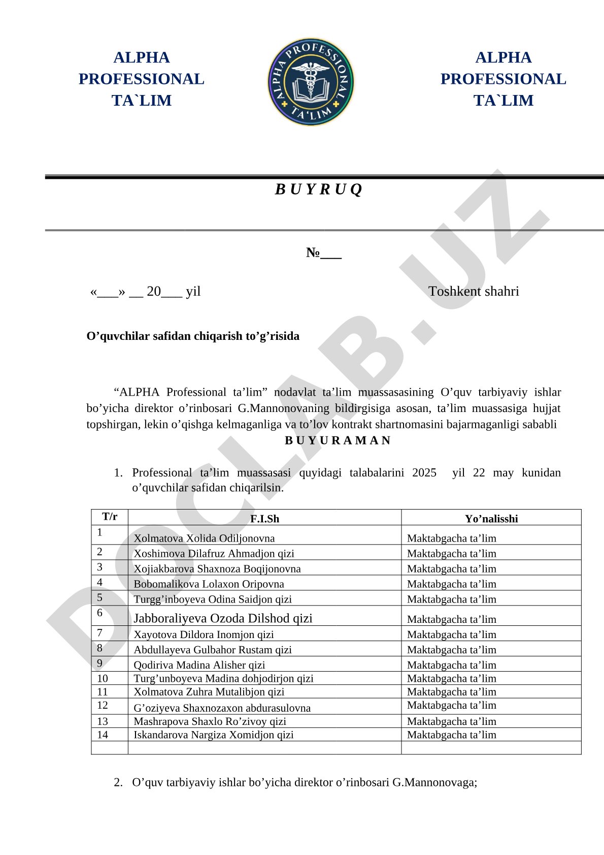 O’quvchilar safidan chiqarish to’g’risida