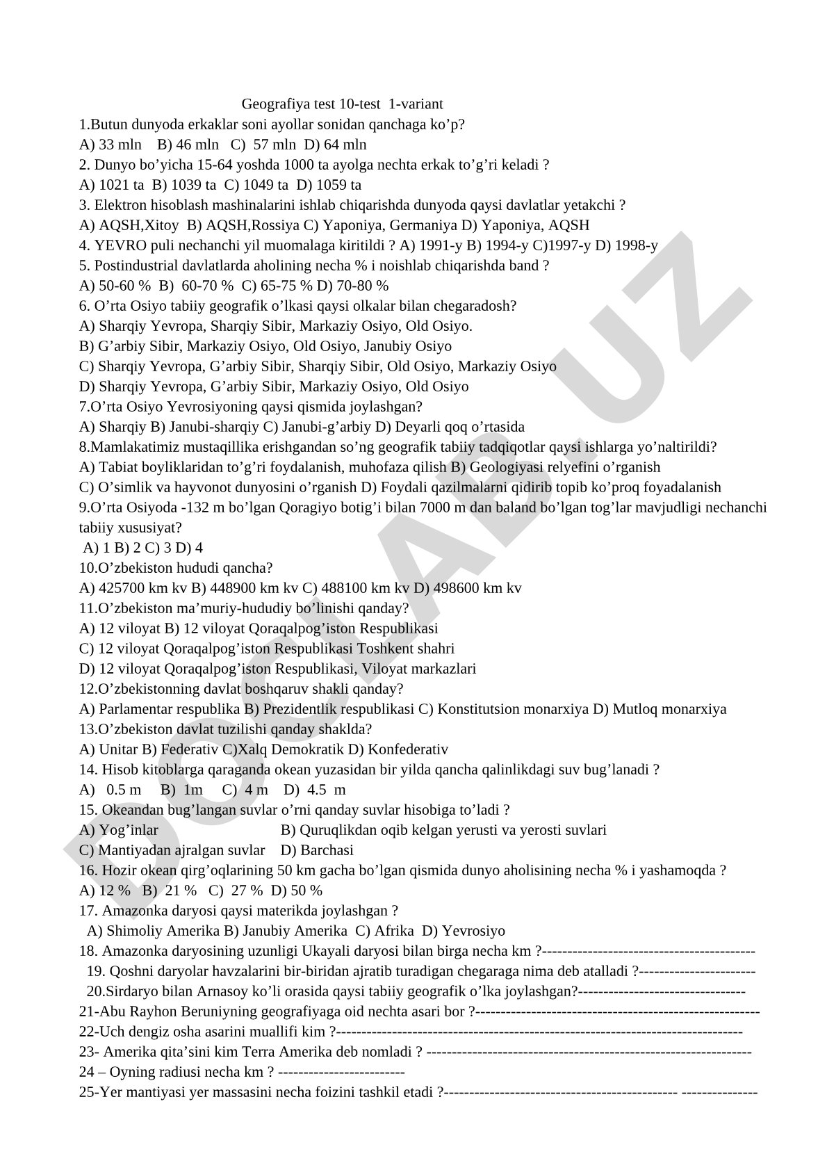 Geografiya test 10-test 1-variant