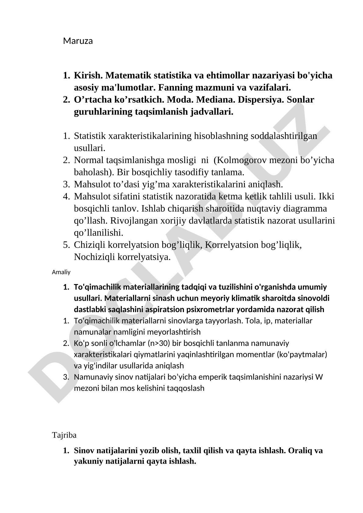 Matematik statistika va ehtimollar nazariyasi bo'yicha asosiy ma'lumotlar