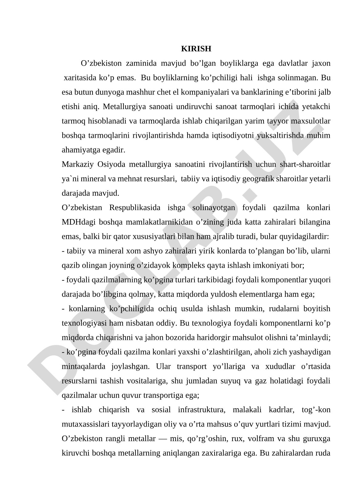 O'zbekistonda metallurgiya sanoatining rivojlanishi va mineral resurslar